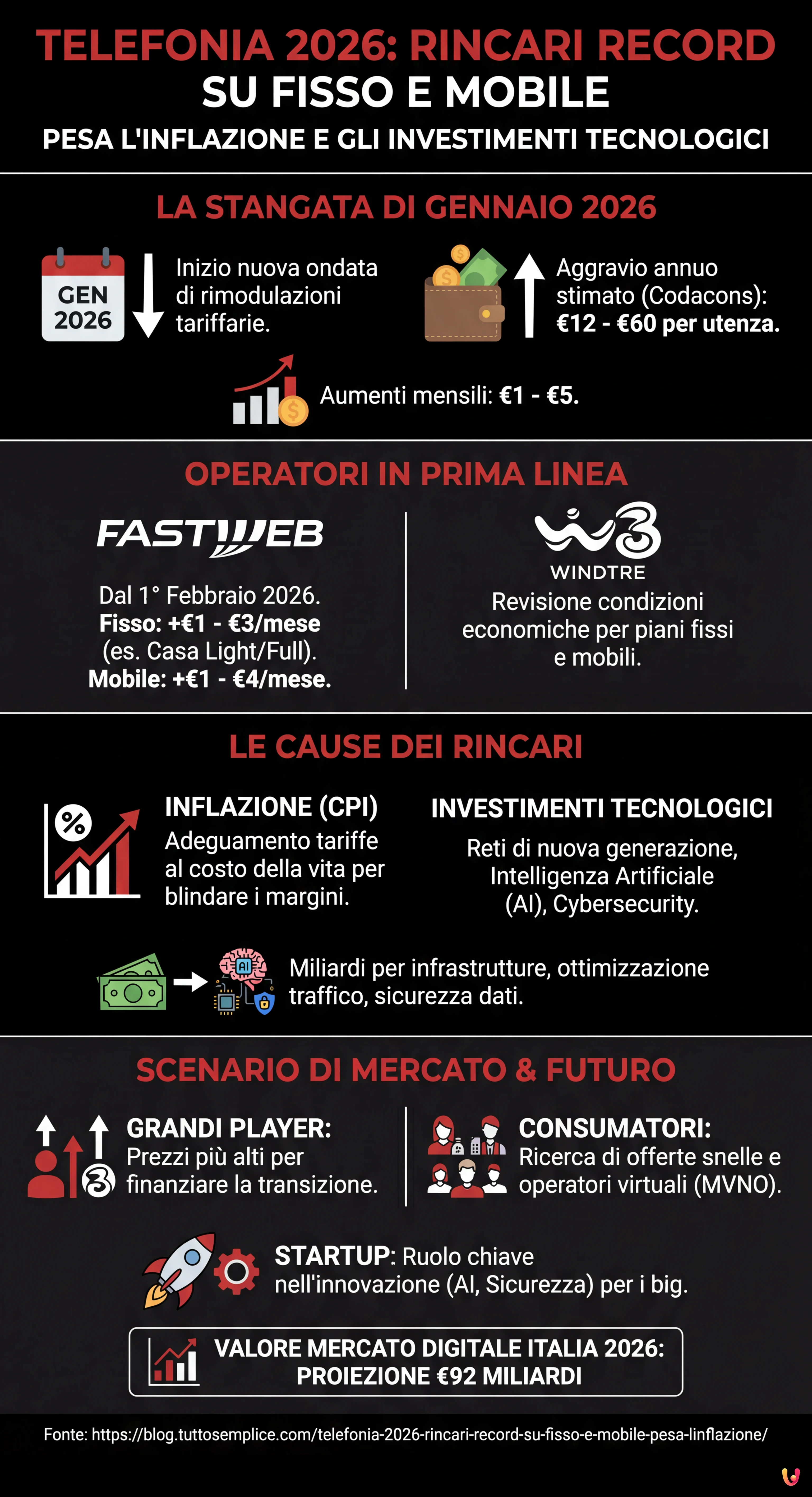 Telefonia 2026: rincari record su fisso e mobile, pesa l'inflazione - Infografica riassuntiva