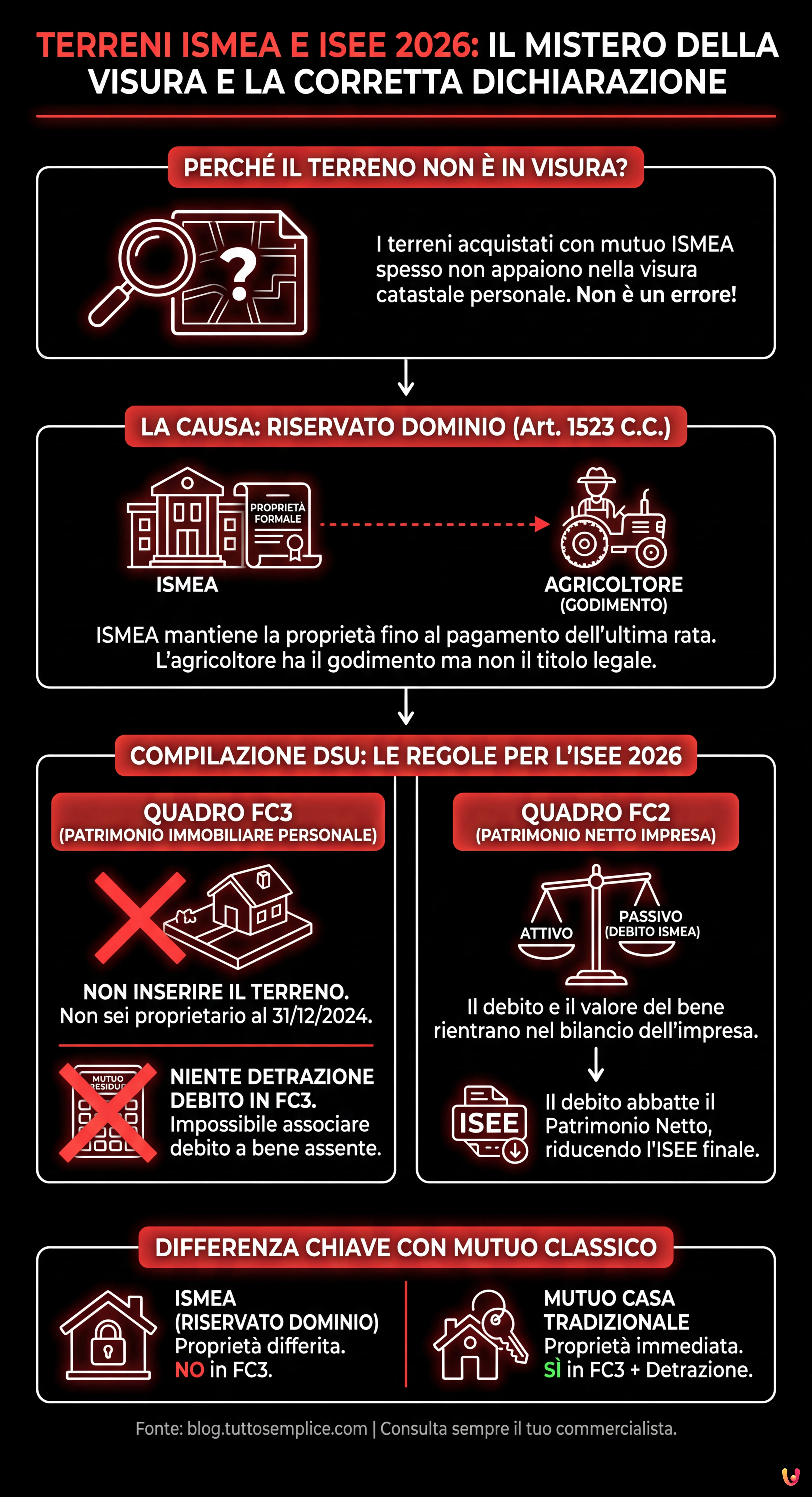 Terreni ISMEA e ISEE 2026: perch&eacute; non risultano in visura e come dichiararli - Infografica riassuntiva
