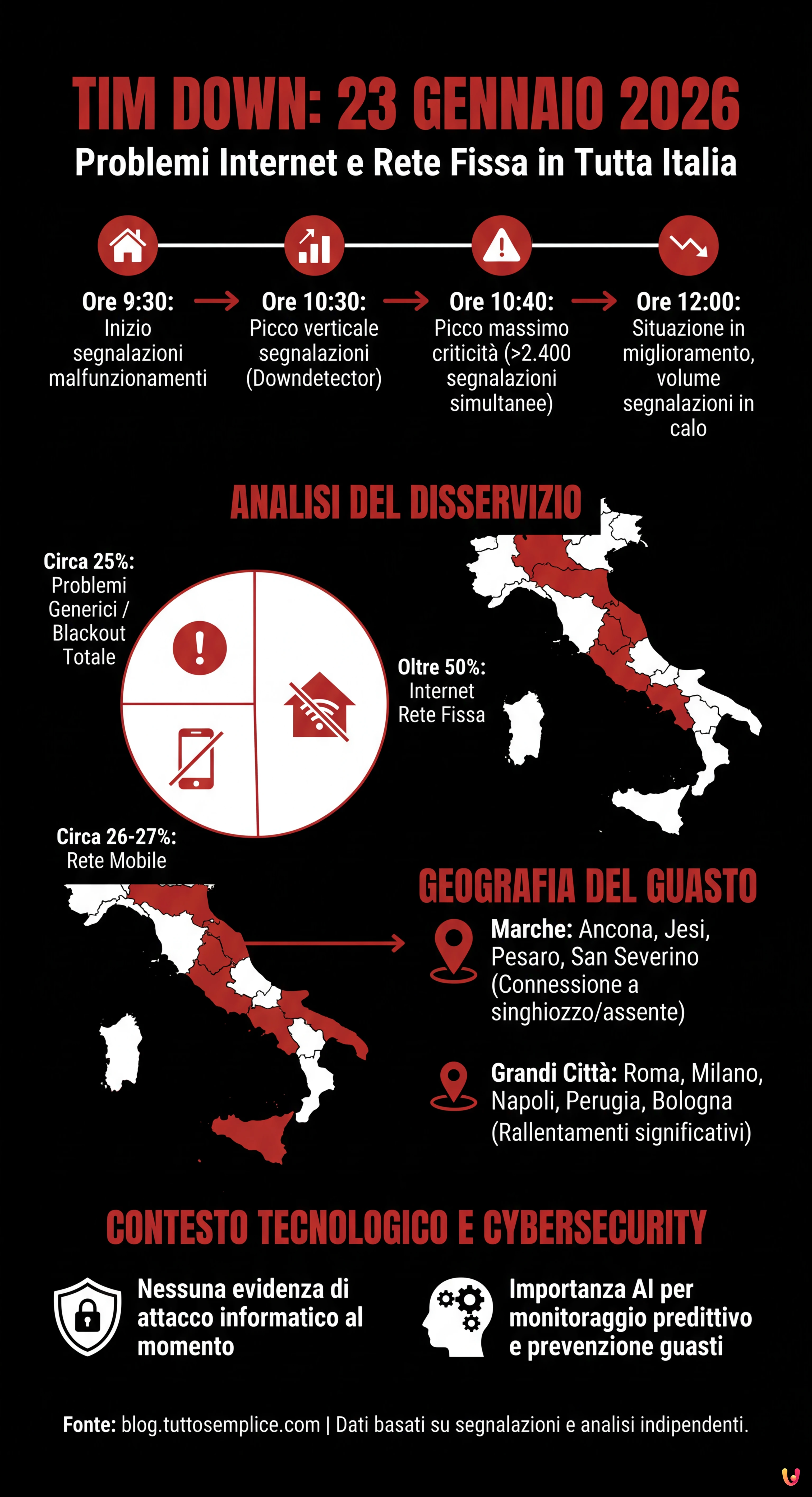 TIM Down 23 Gennaio 2026: Problemi Internet e Rete Fissa in Tutta Italia - Infografica riassuntiva