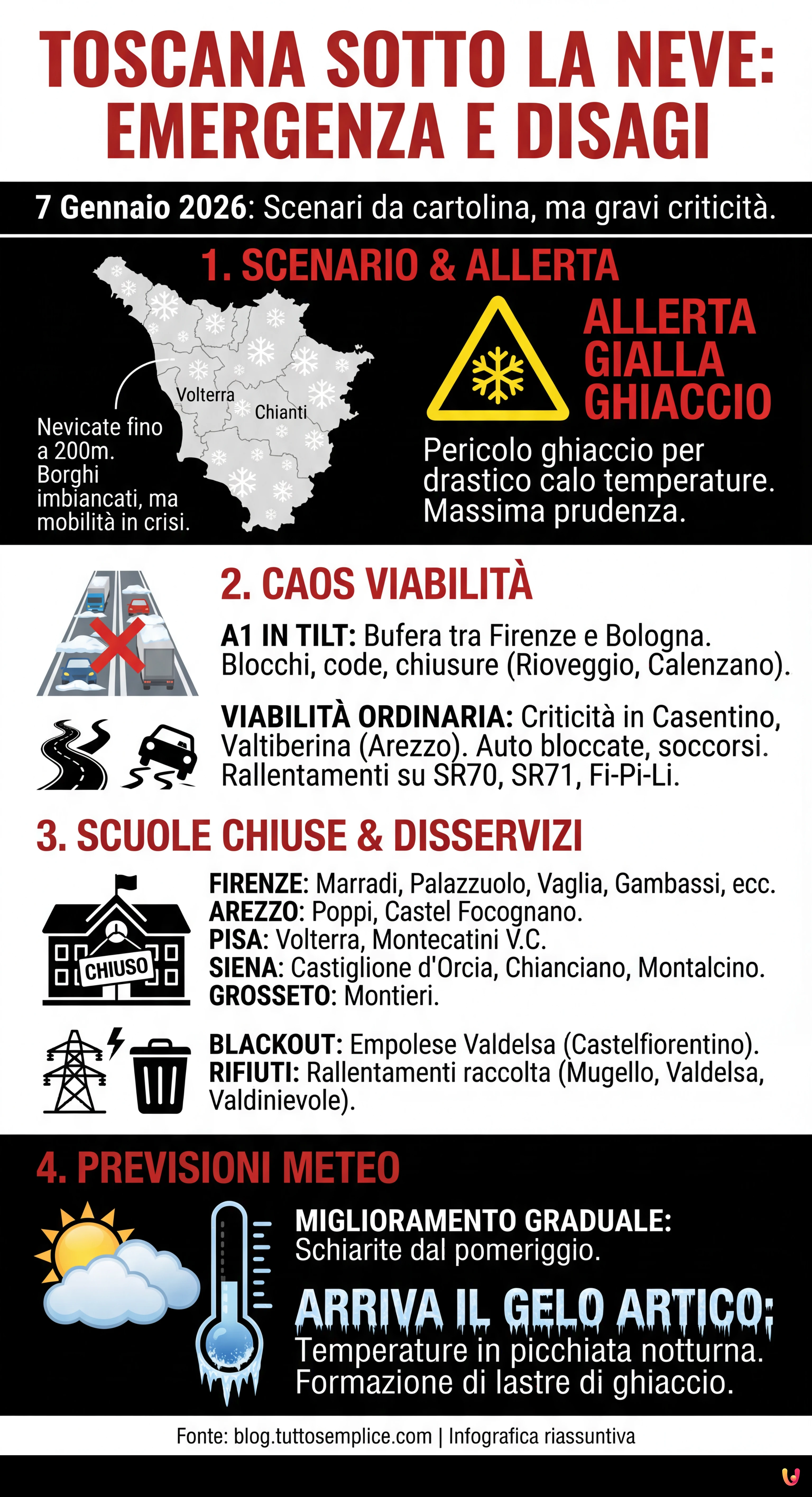 Toscana sotto la neve: strade bloccate, scuole chiuse e allerta ghiaccio - Infografica riassuntiva