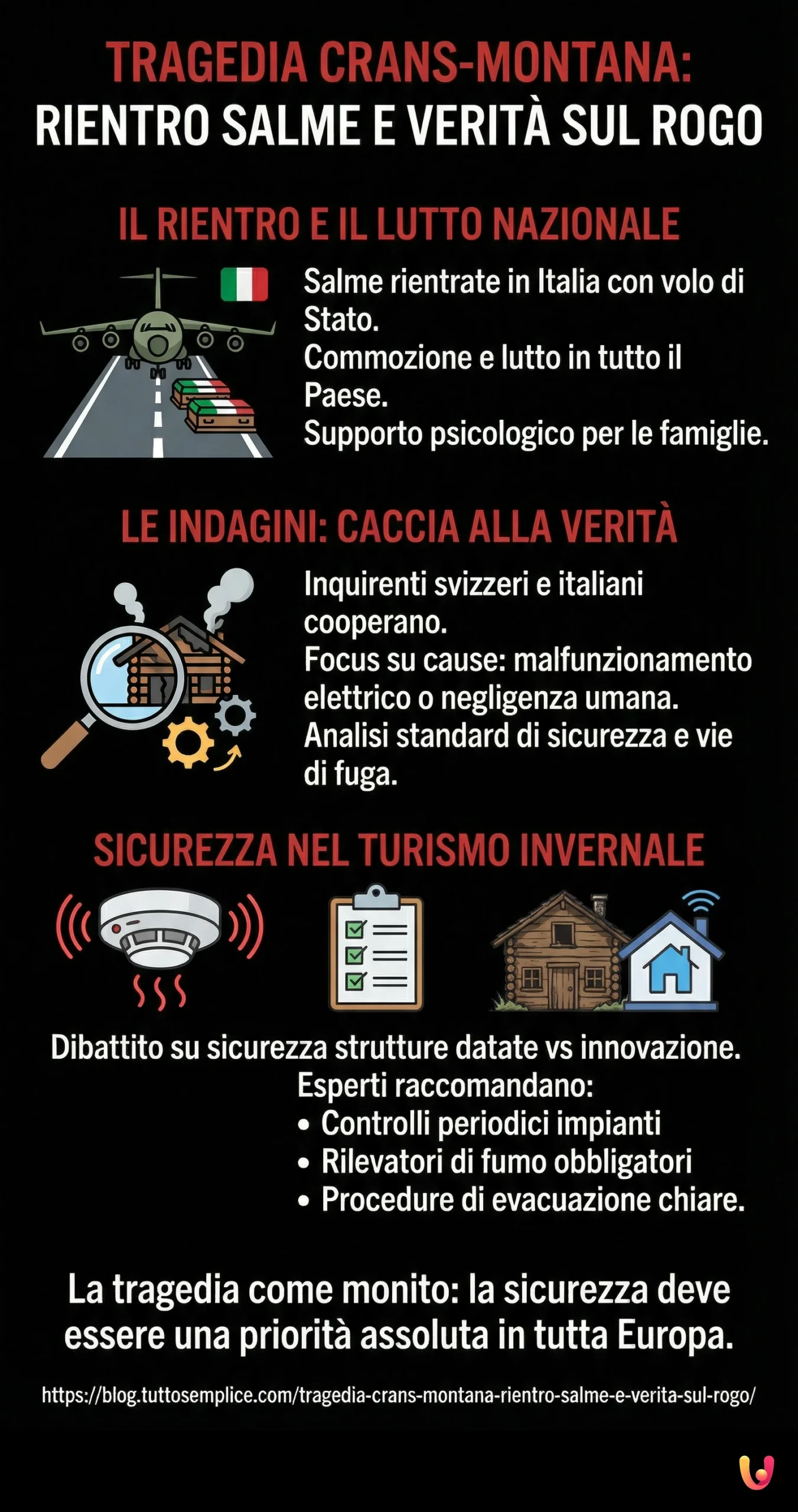 Tragedia Crans - Montana: Rientro Salme e Verit&agrave; sul Rogo - Infografica riassuntiva