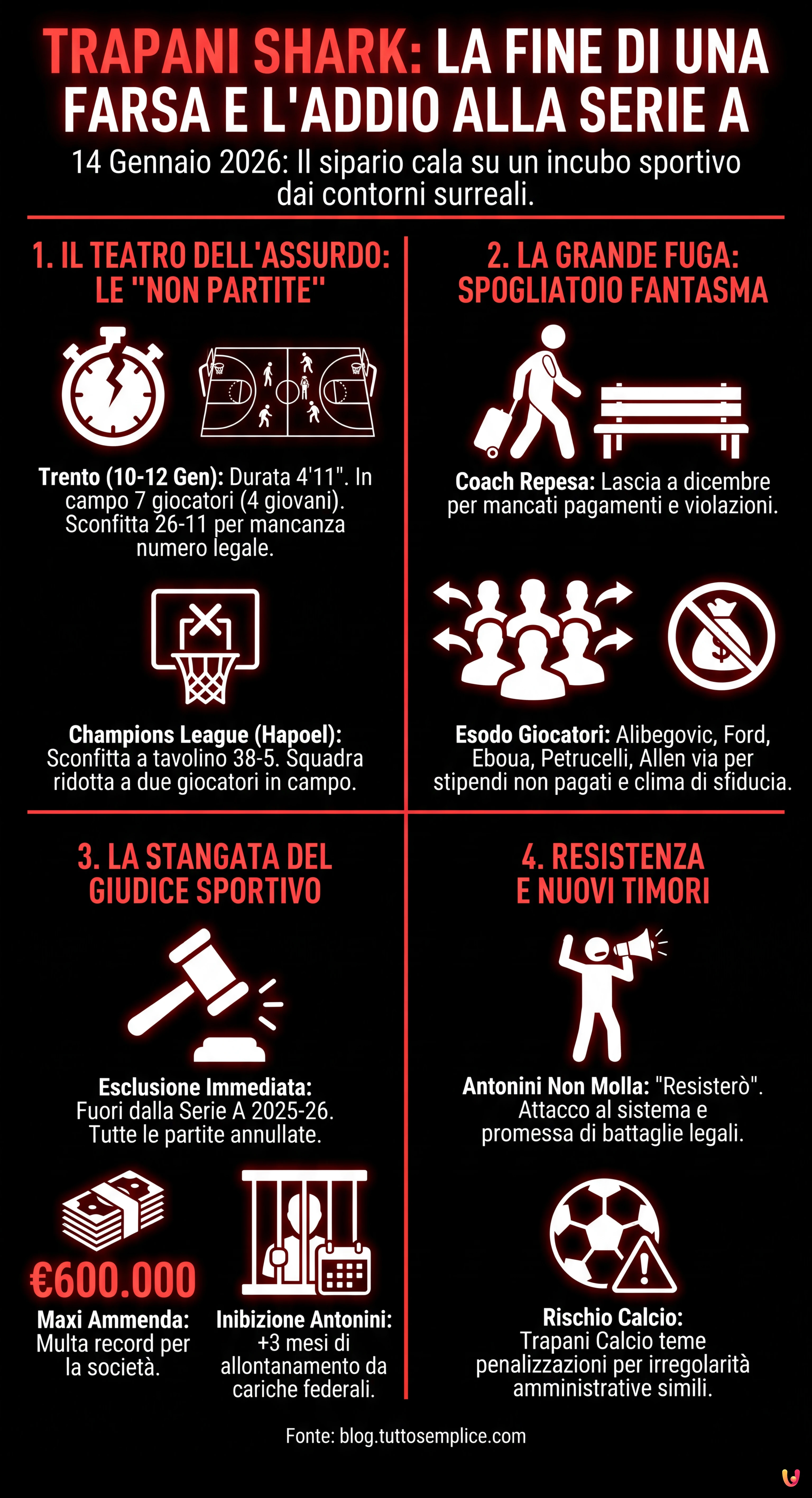 Trapani Shark, &egrave; finita: storia di una farsa e l'addio alla Serie A - Infografica riassuntiva