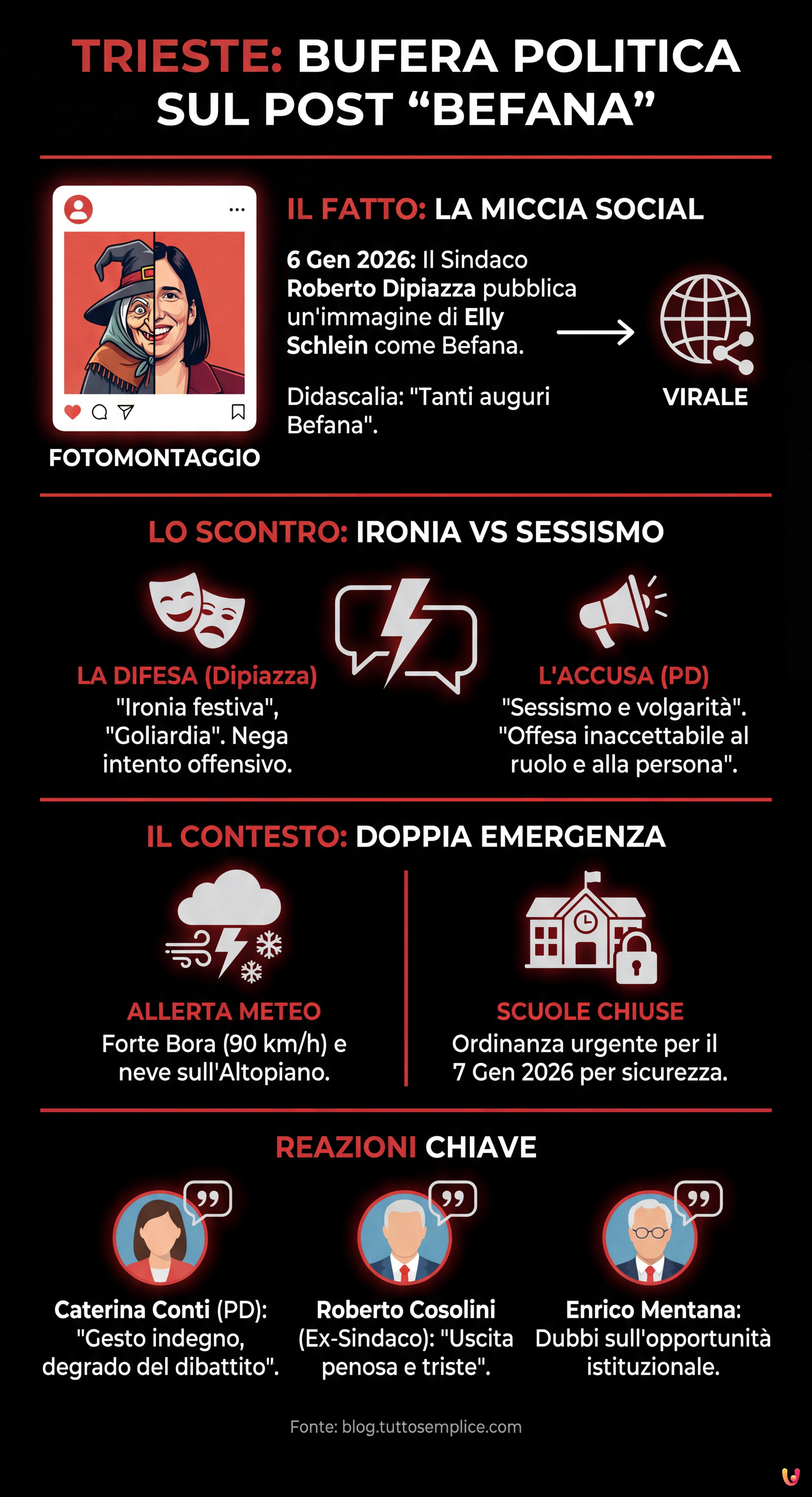 Trieste, bufera su Dipiazza: il post della Befana con Elly Schlein accende la polemica - Infografica riassuntiva