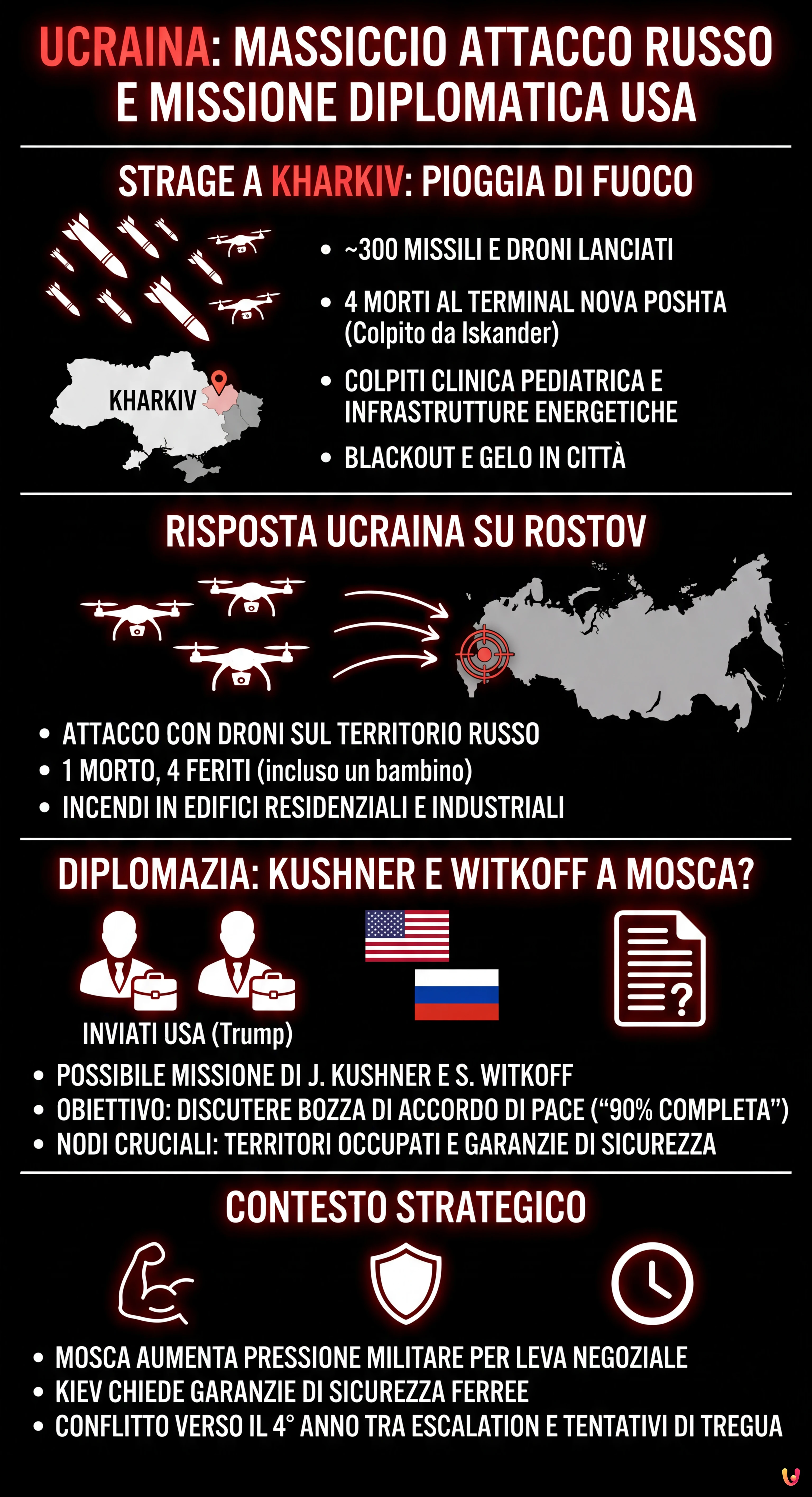 Ucraina: 300 missili e droni russi, strage a Kharkiv. Kushner a Mosca - Infografica riassuntiva
