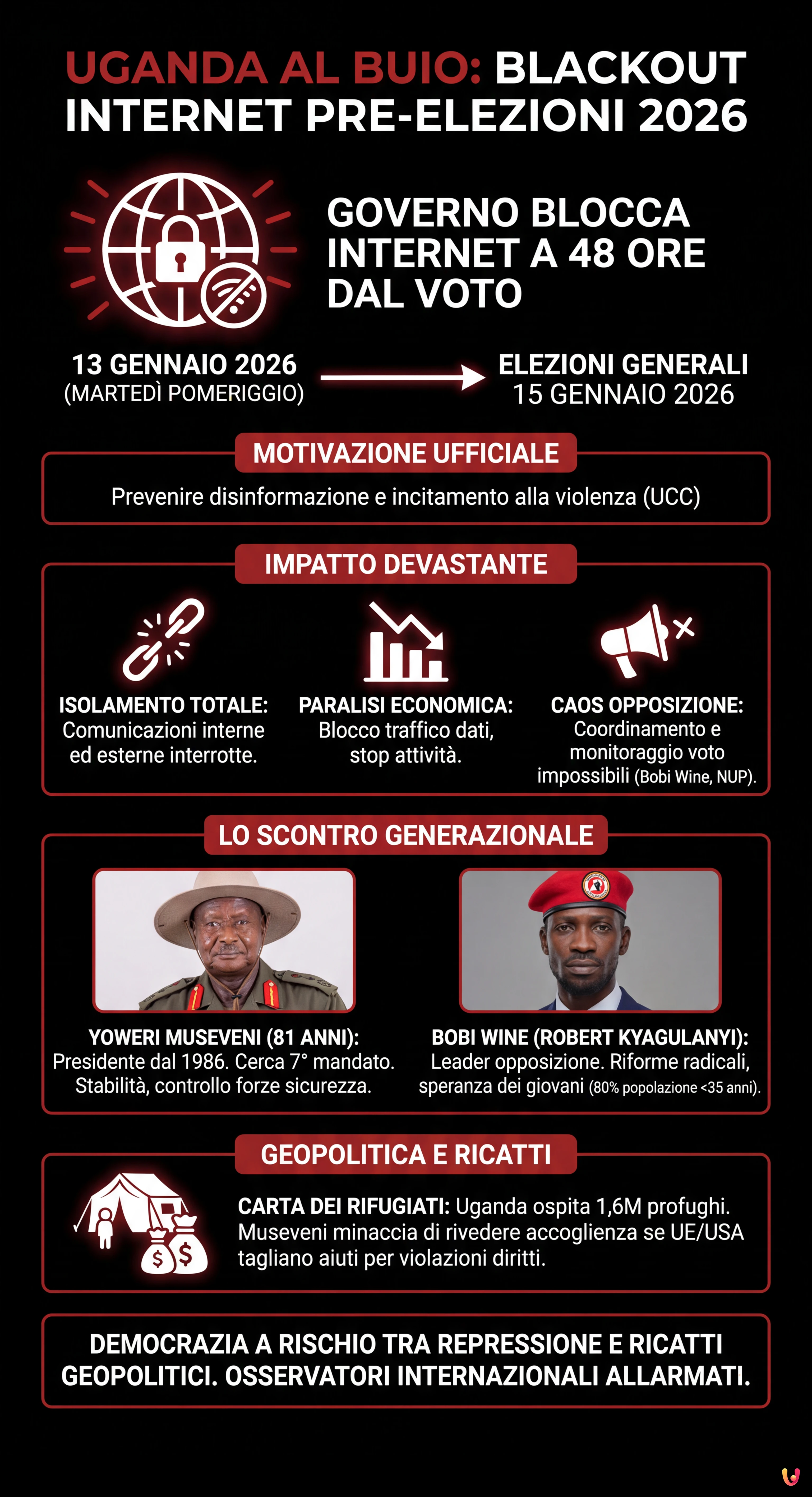 Uganda al buio: governo blocca internet a 48 ore dalle elezioni presidenziali - Infografica riassuntiva