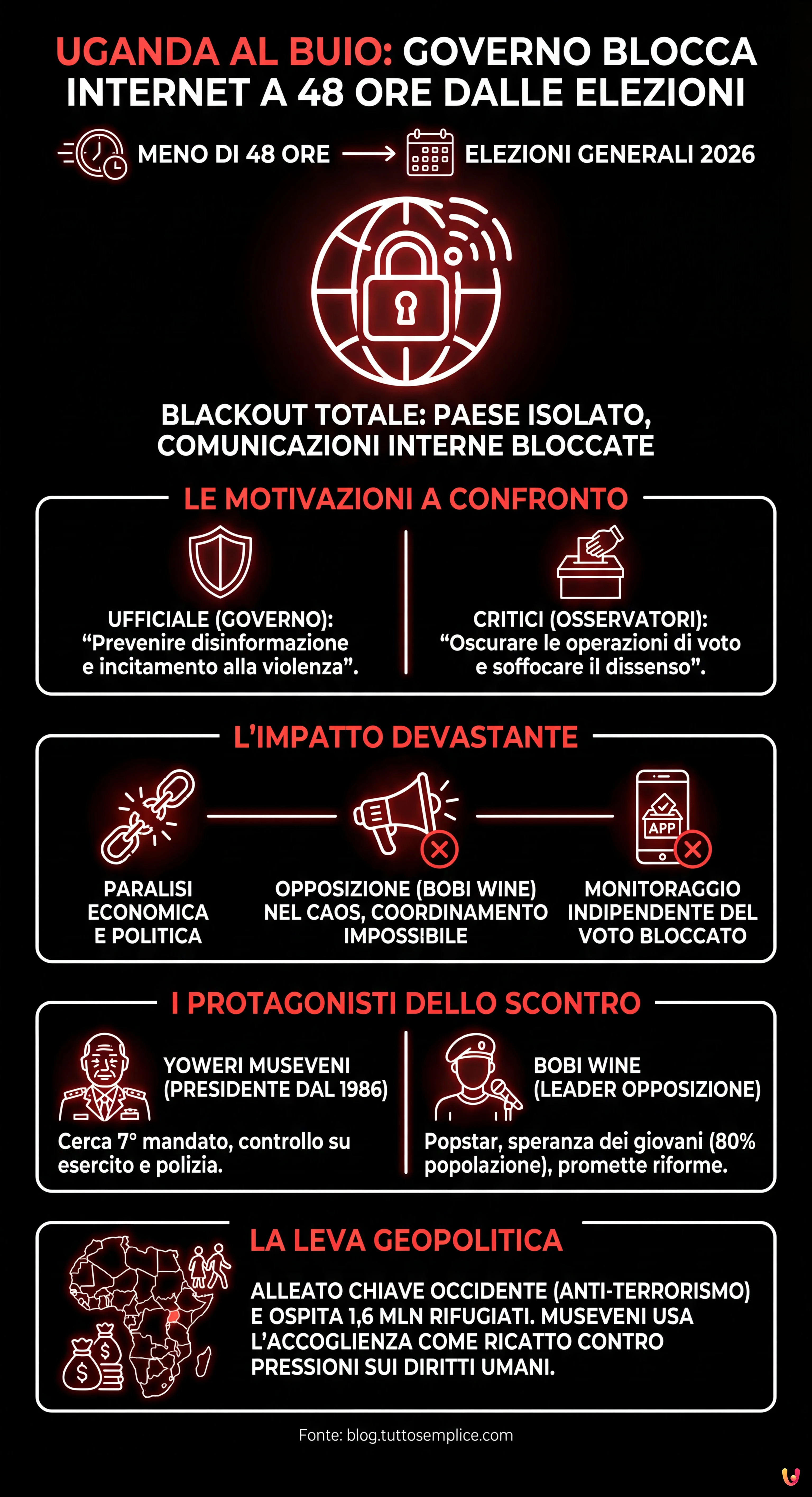 Uganda al buio: governo blocca internet a 48 ore dalle elezioni presidenziali - Infografica riassuntiva