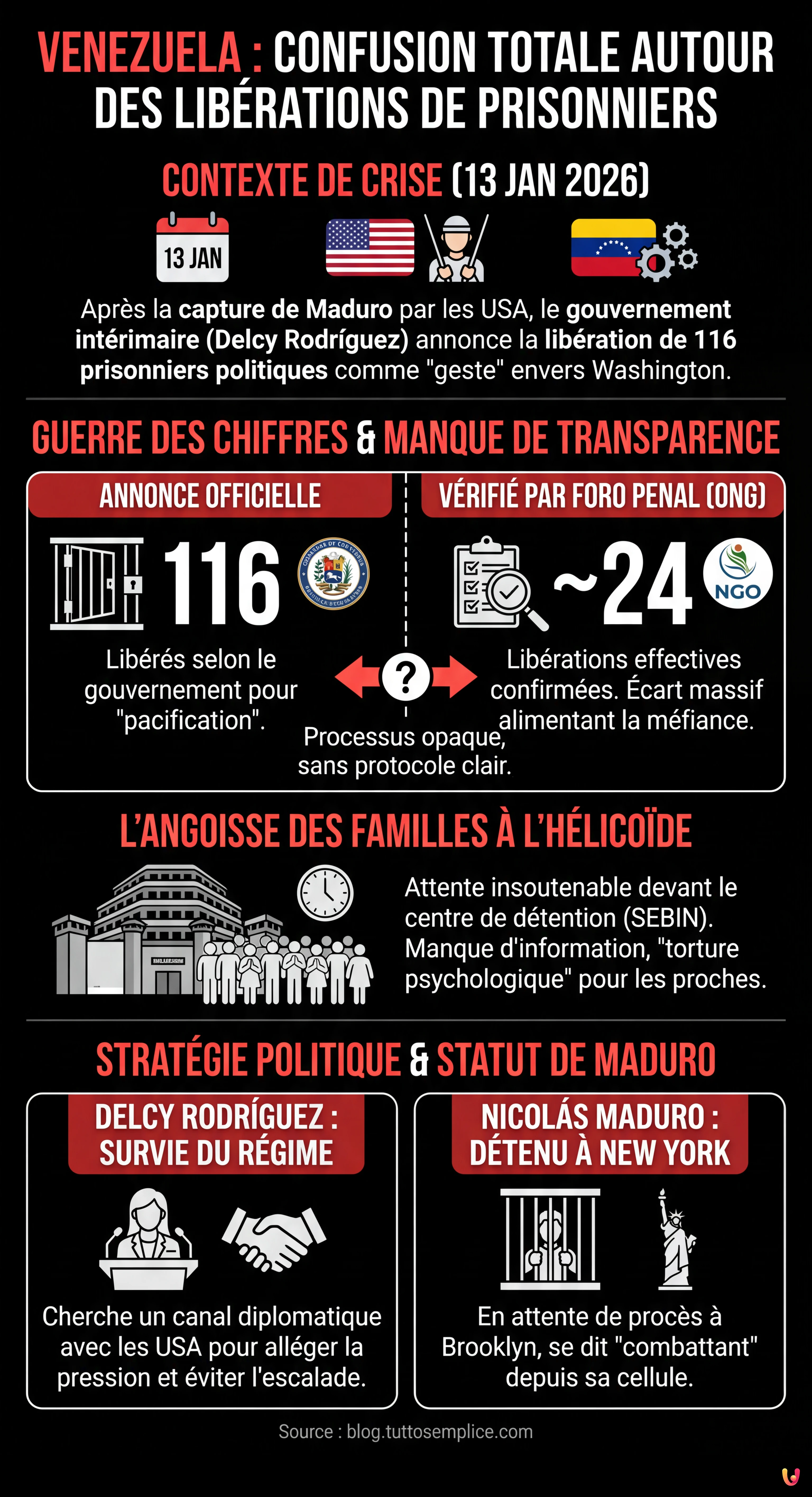 Venezuela : confusion autour de la lib&eacute;ration de 116 prisonniers, l'attente insoutenable des familles - Infographie r&eacute;sumant