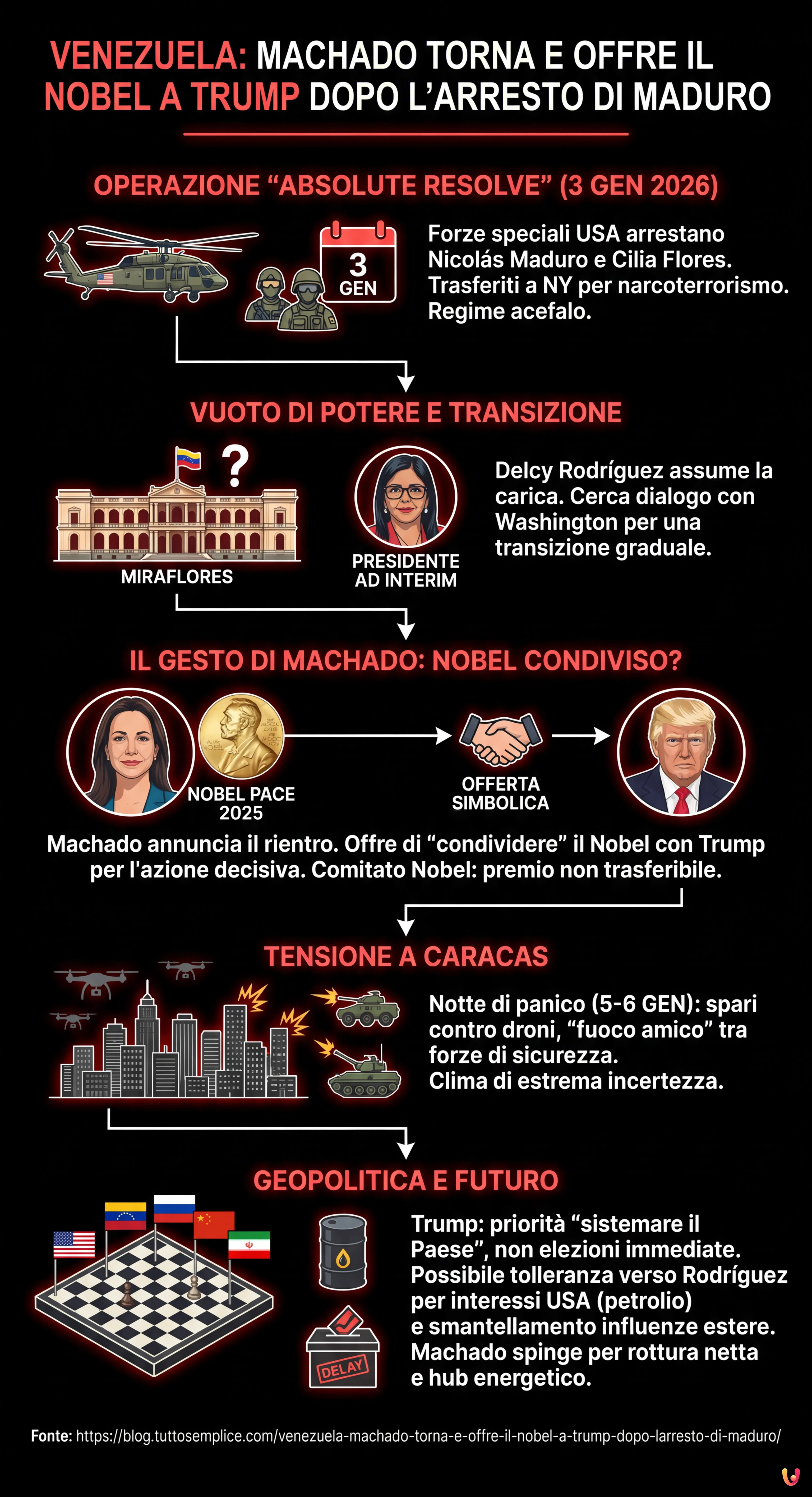 Venezuela: Machado torna e offre il Nobel a Trump dopo l'arresto di Maduro - Infografica riassuntiva