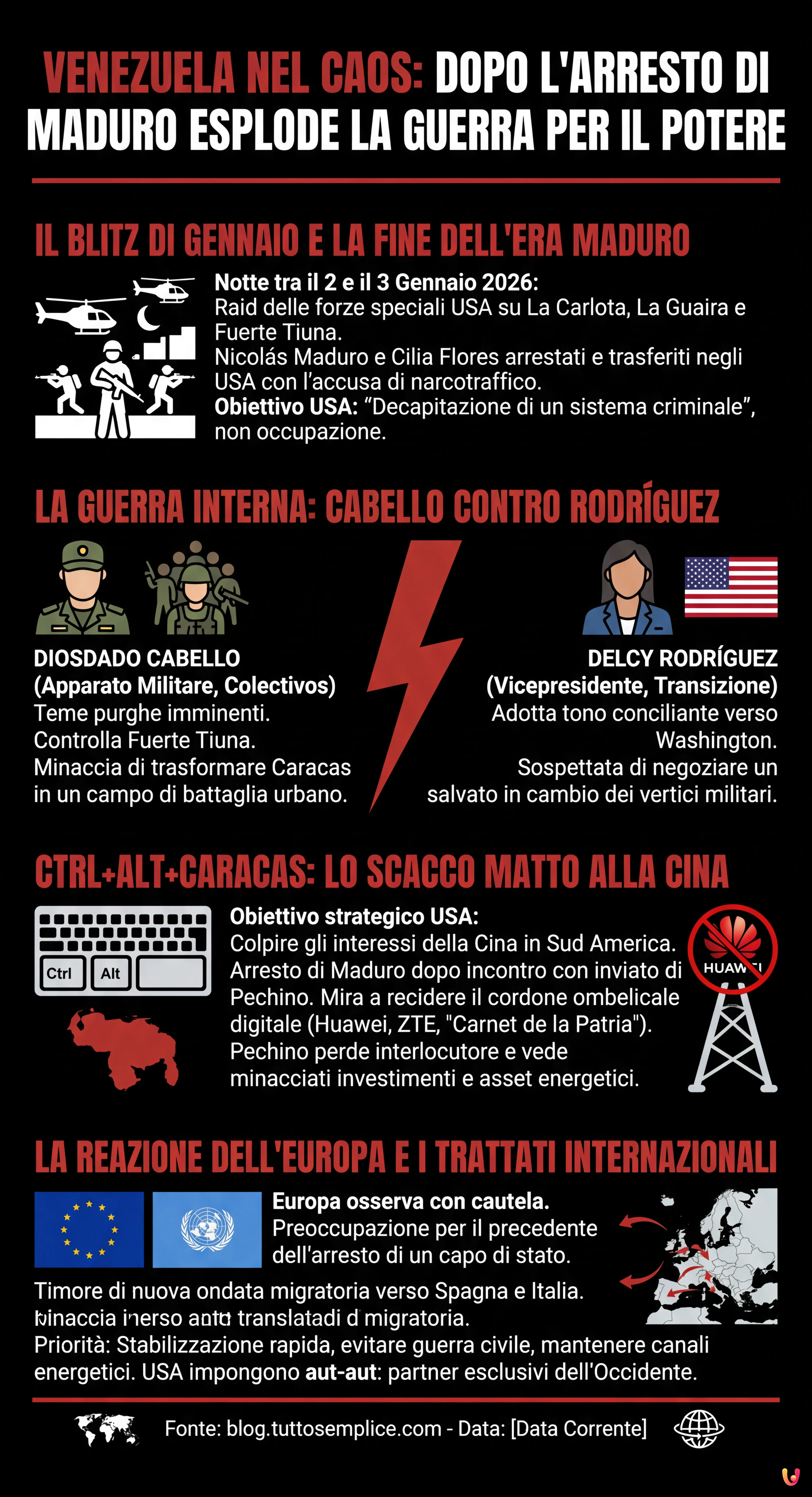 Venezuela nel caos: dopo l'arresto di Maduro esplode la guerra per il potere - Infografica riassuntiva