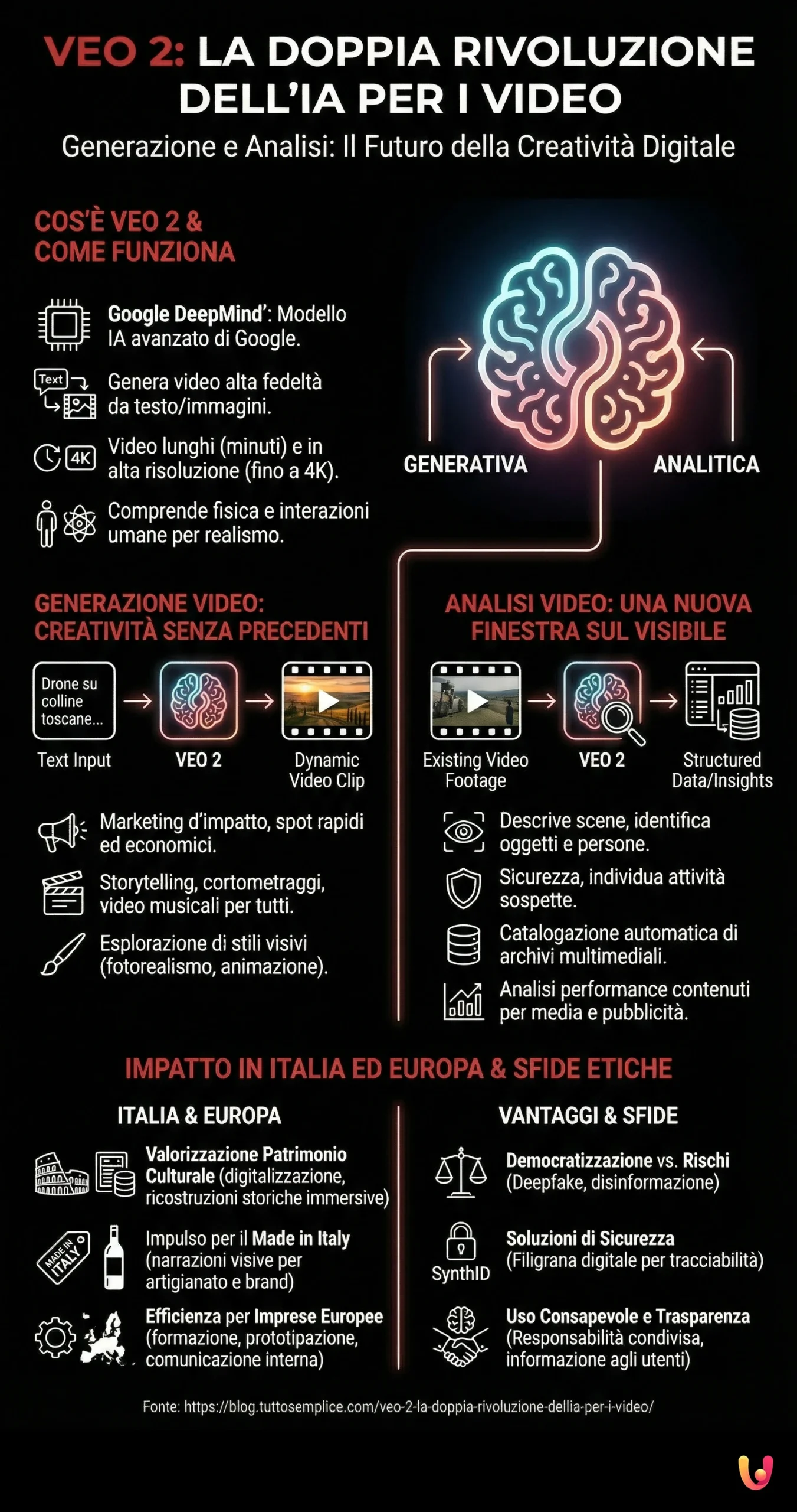 Veo 2: La doppia rivoluzione dell'IA per i video - Infografica riassuntiva