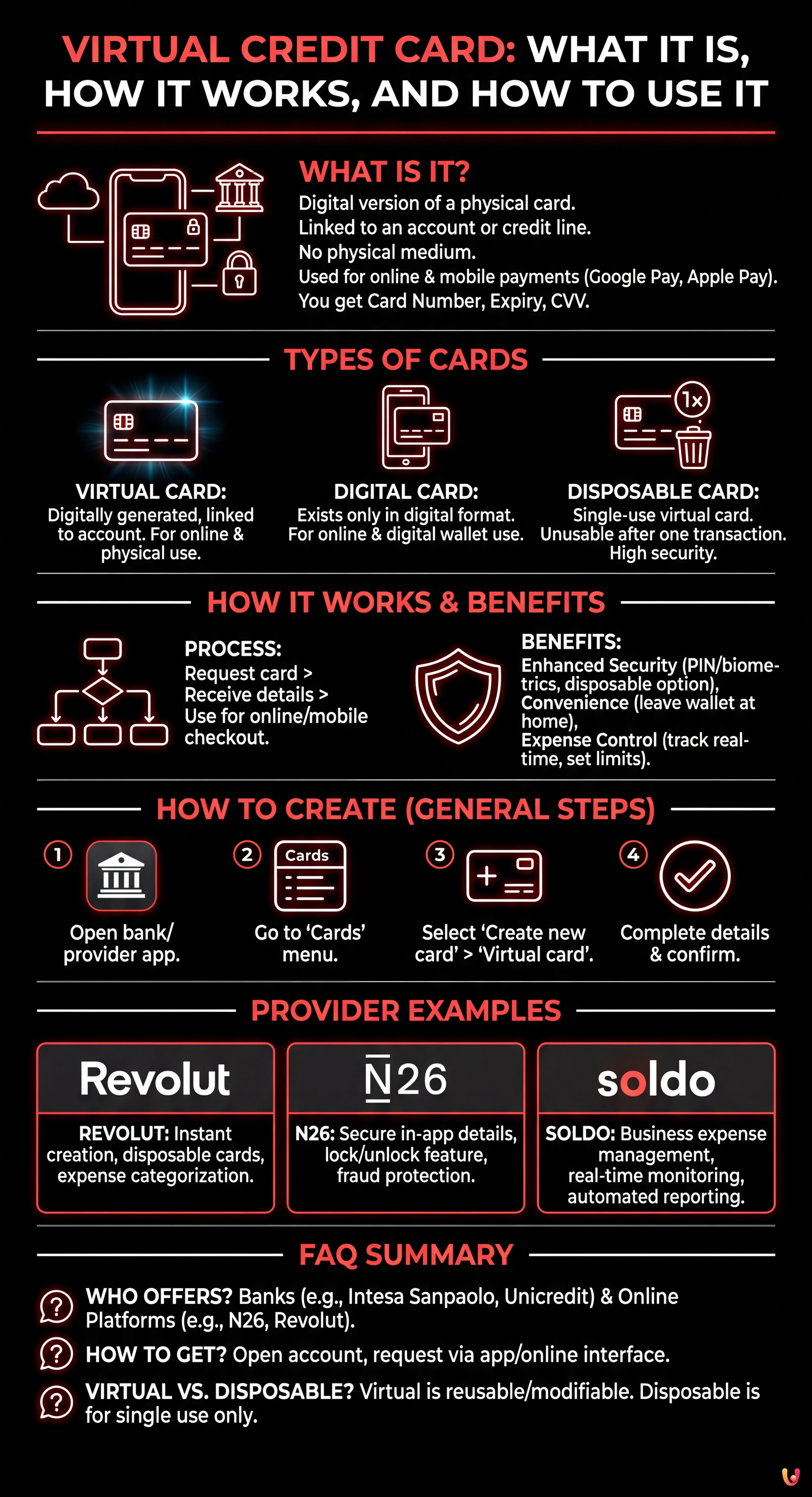 Virtual Credit Card: What It Is, How It Works, and How to Use It - Infografica riassuntiva