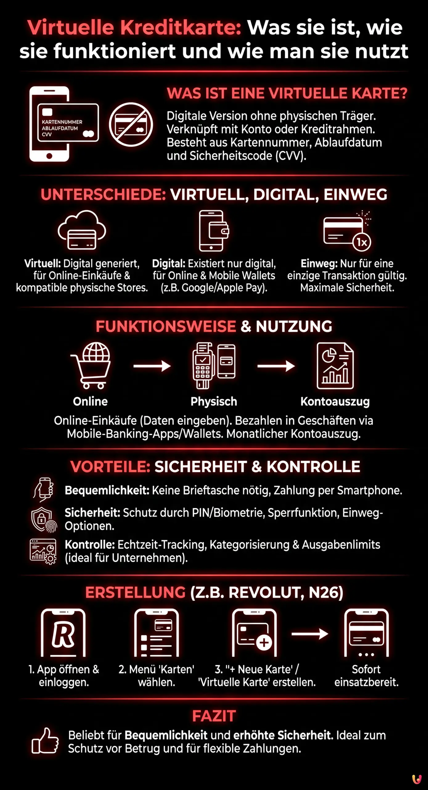 Virtuelle Kreditkarte: Was sie ist, wie sie funktioniert und wie man sie nutzt - Infografica riassuntiva