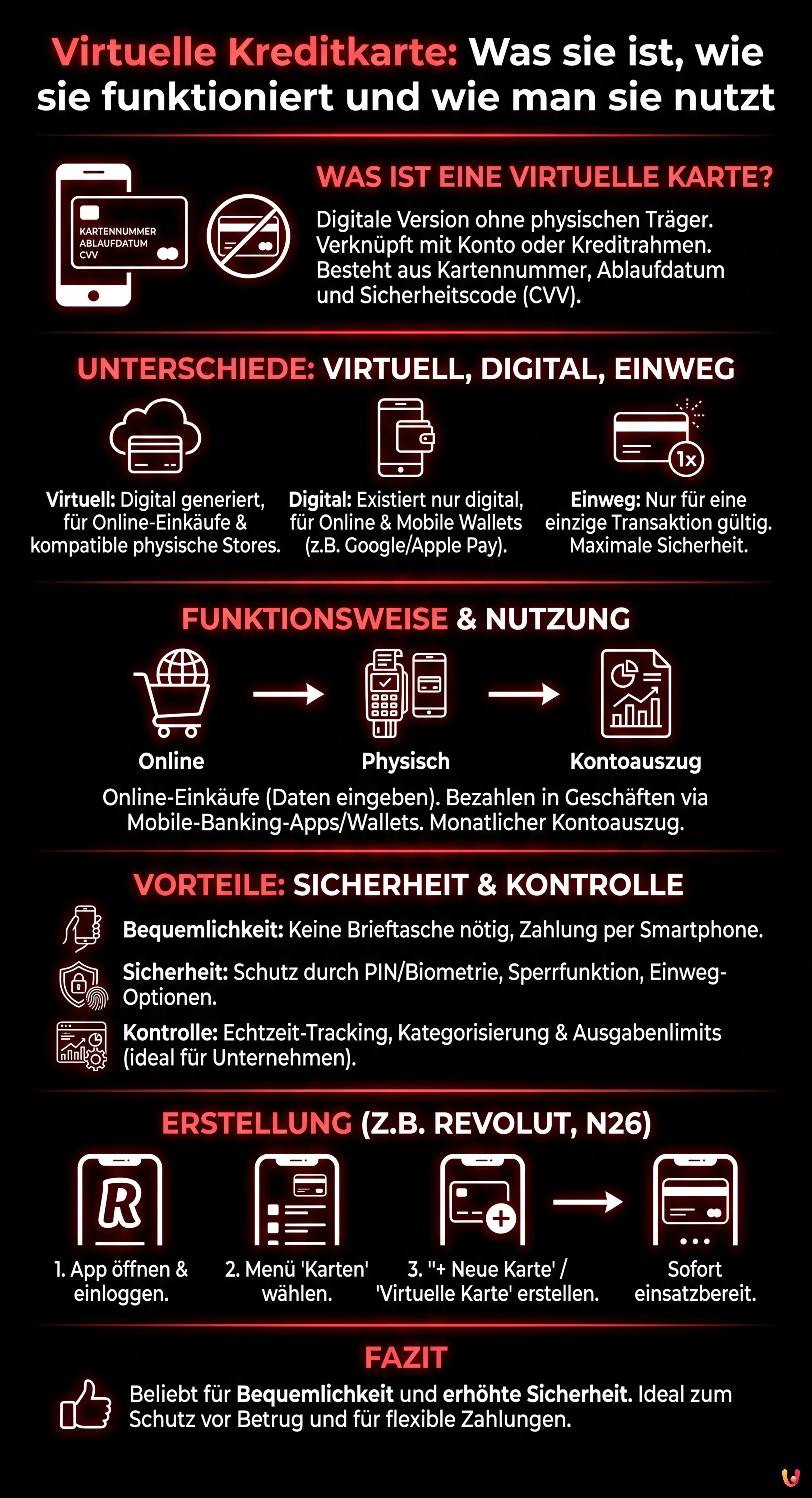Virtuelle Kreditkarte: Was sie ist, wie sie funktioniert und wie man sie nutzt - Infografica riassuntiva