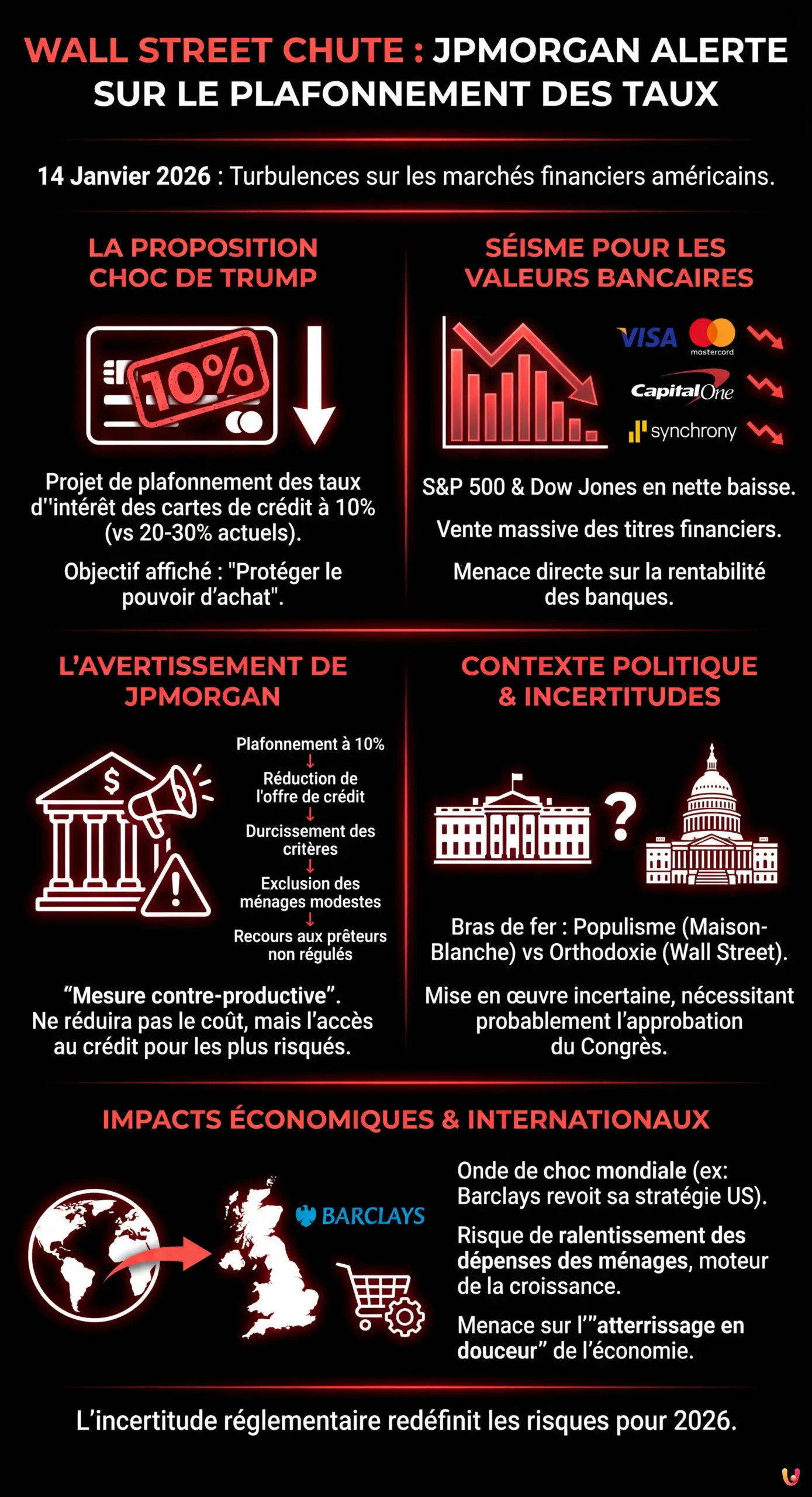 Wall Street chute : JPMorgan alerte sur le plafonnement des taux - Infographie r&eacute;sumant
