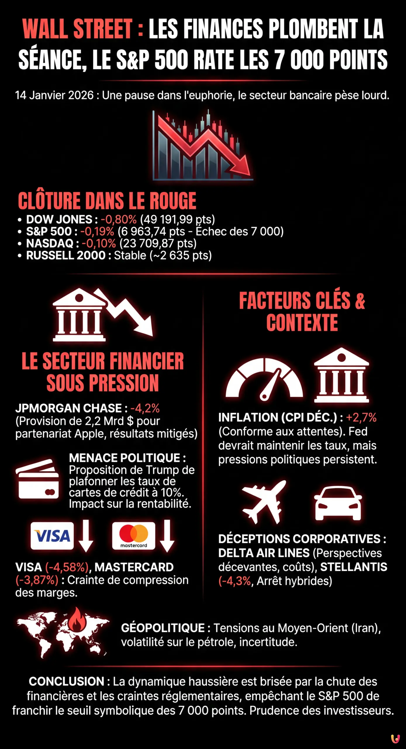 Wall Street : Les finances plombent la s&eacute;ance, le S&P 500 rate les 7 000 points - Infographie r&eacute;sumant