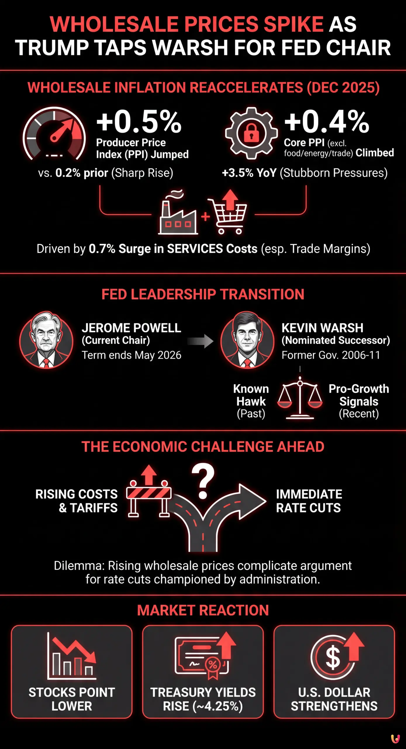 Wholesale Prices Spike as Trump Taps Warsh for Fed Chair - Summary Infographic