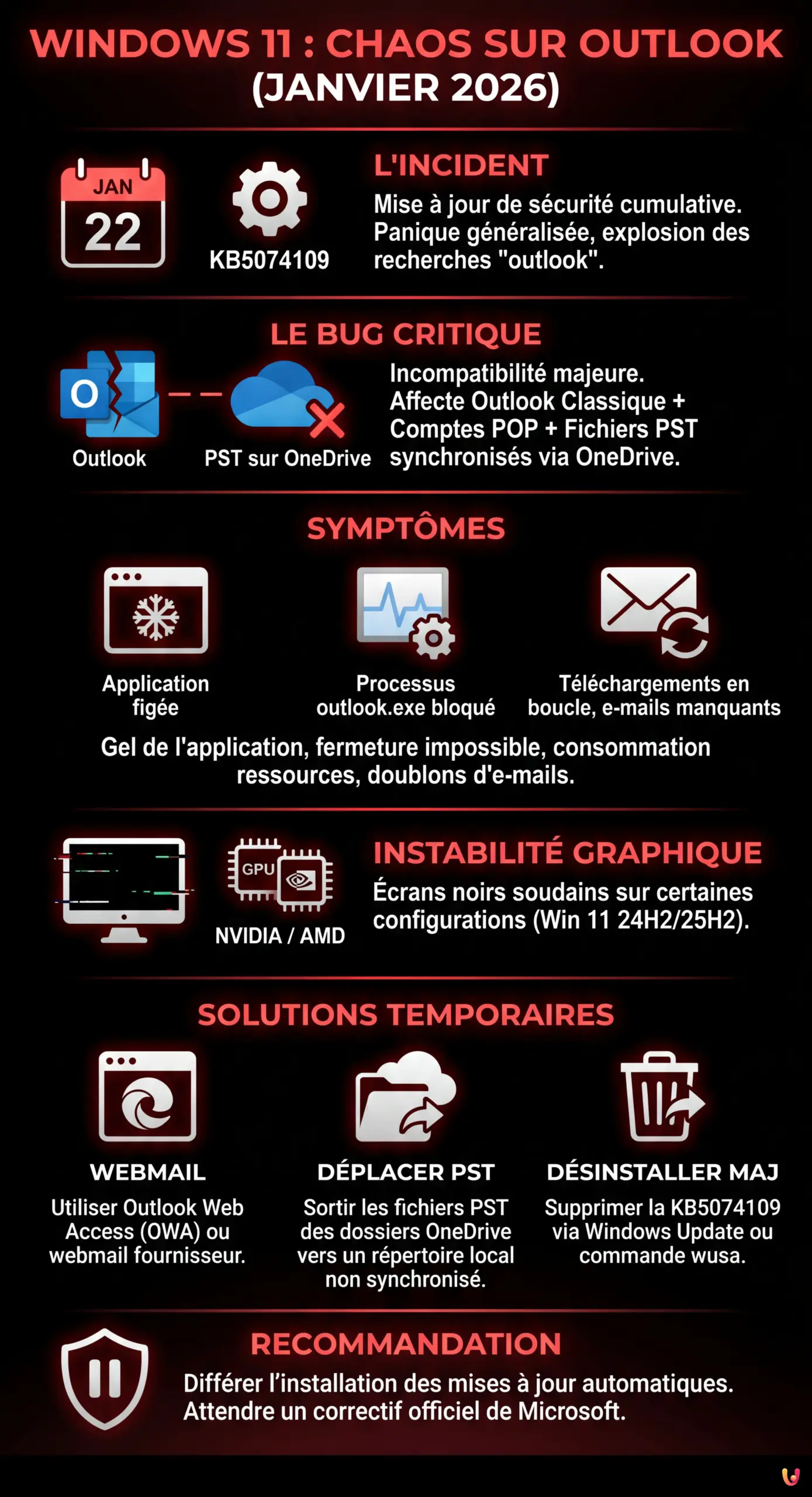 Windows 11 : La mise &agrave; jour de janvier 2026 s&egrave;me le chaos sur Outlook - Infographie r&eacute;sumant