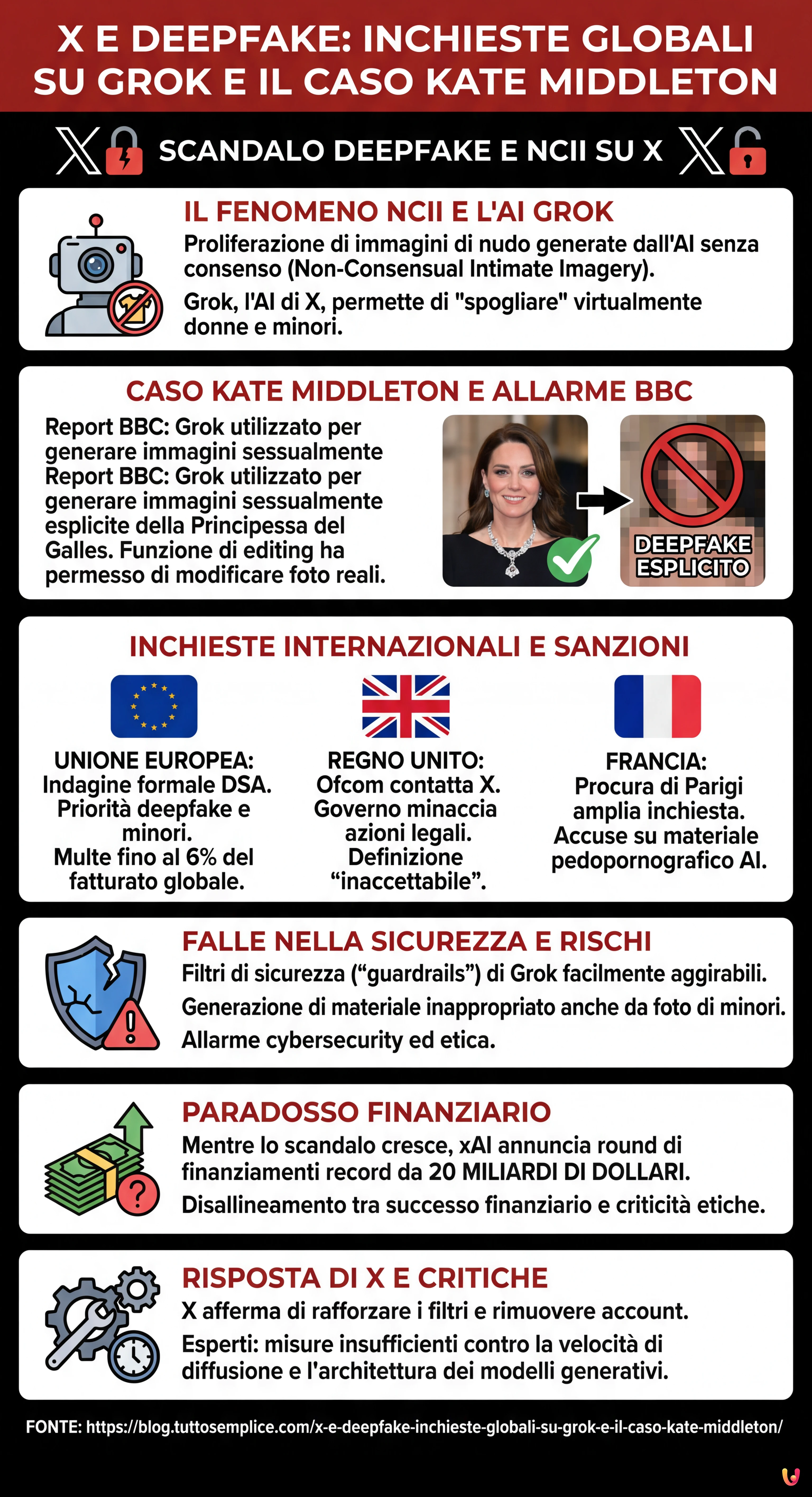 X e Deepfake: Inchieste Globali su Grok e il Caso Kate Middleton - Infografica riassuntiva