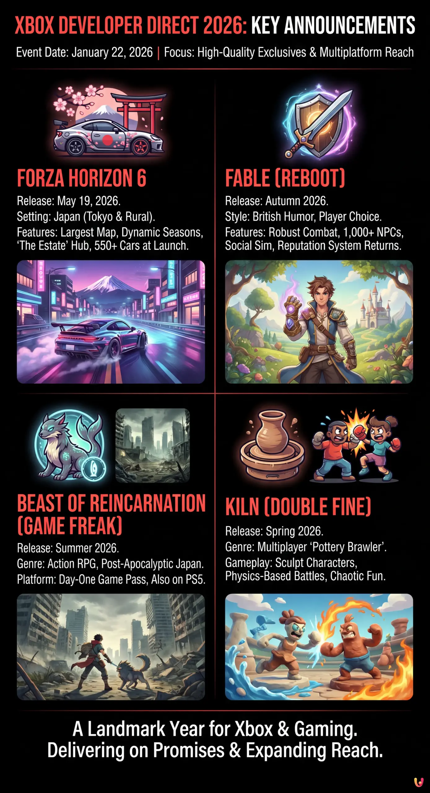 Xbox Developer Direct 2026: Fable, Forza Horizon 6, and Major Surprises Revealed - Summary Infographic