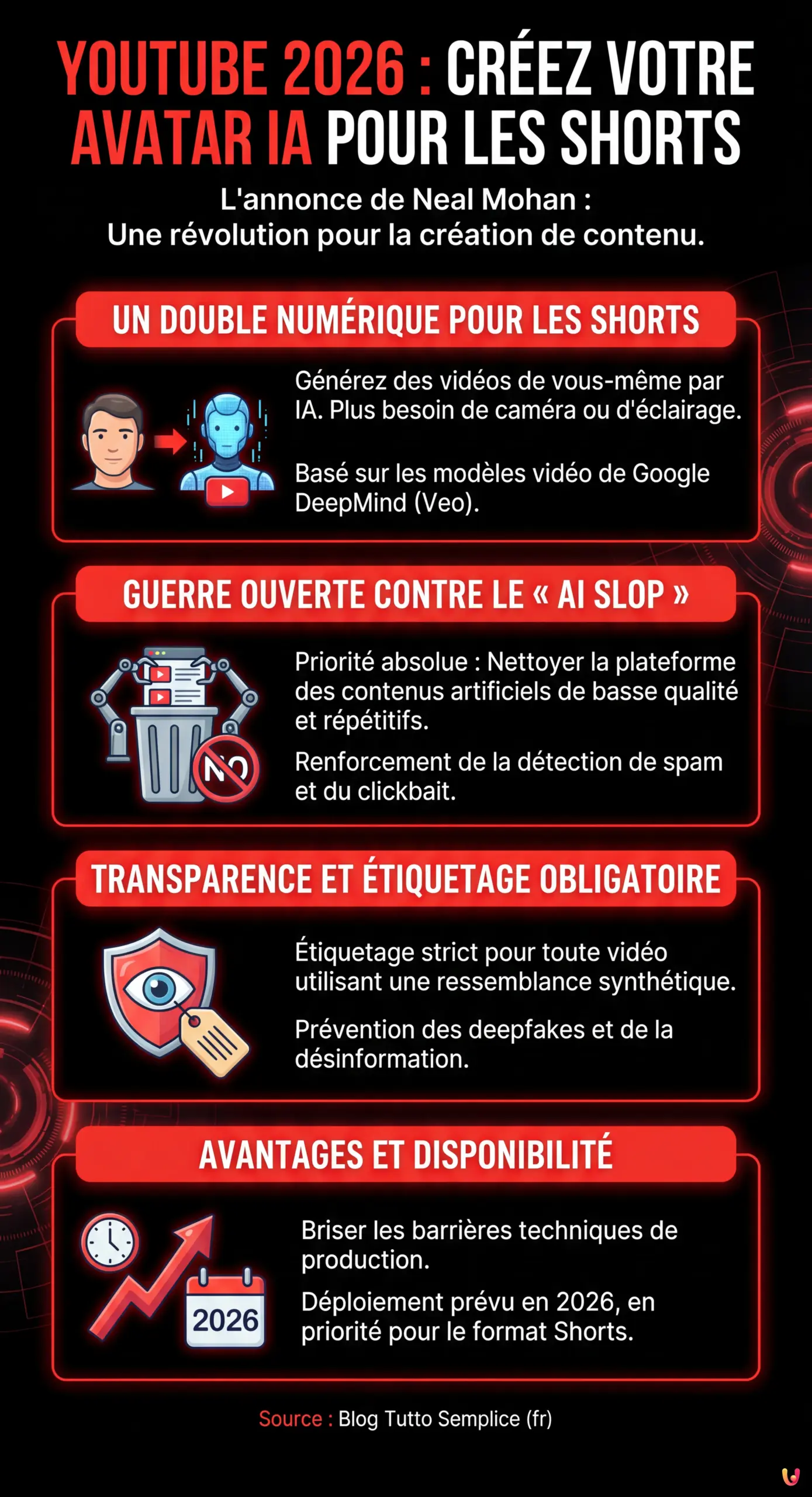 YouTube 2026 : Créez bientôt votre propre avatar IA pour les Shorts - Infographie résumant