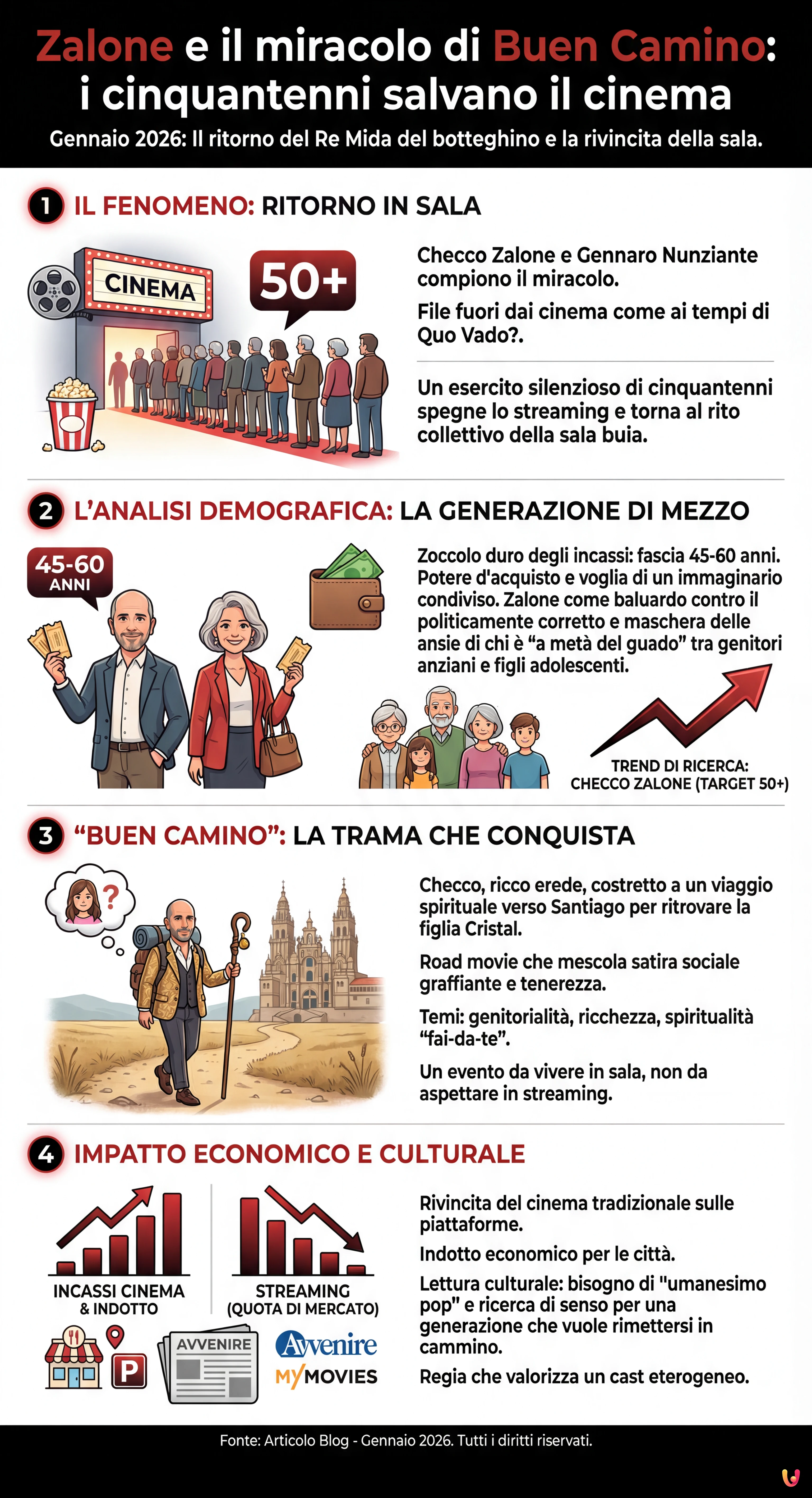 Zalone e il miracolo di Buen Camino: i cinquantenni salvano il cinema - Infografica riassuntiva