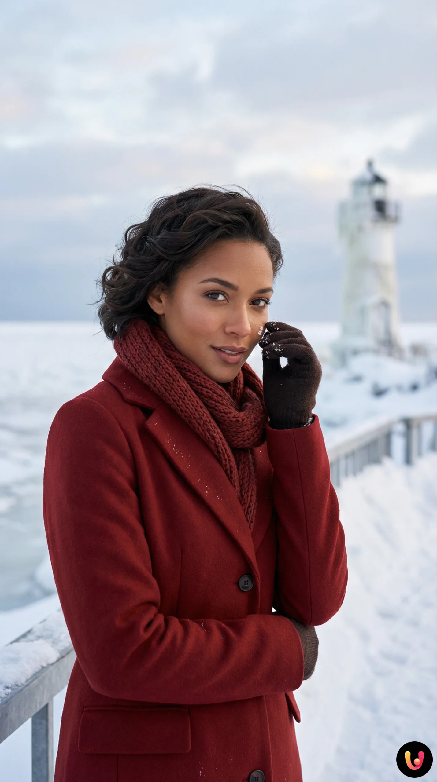 Faro sul Lago Michigan ricoperto di ghiaccio e neve profonda durante l'inverno