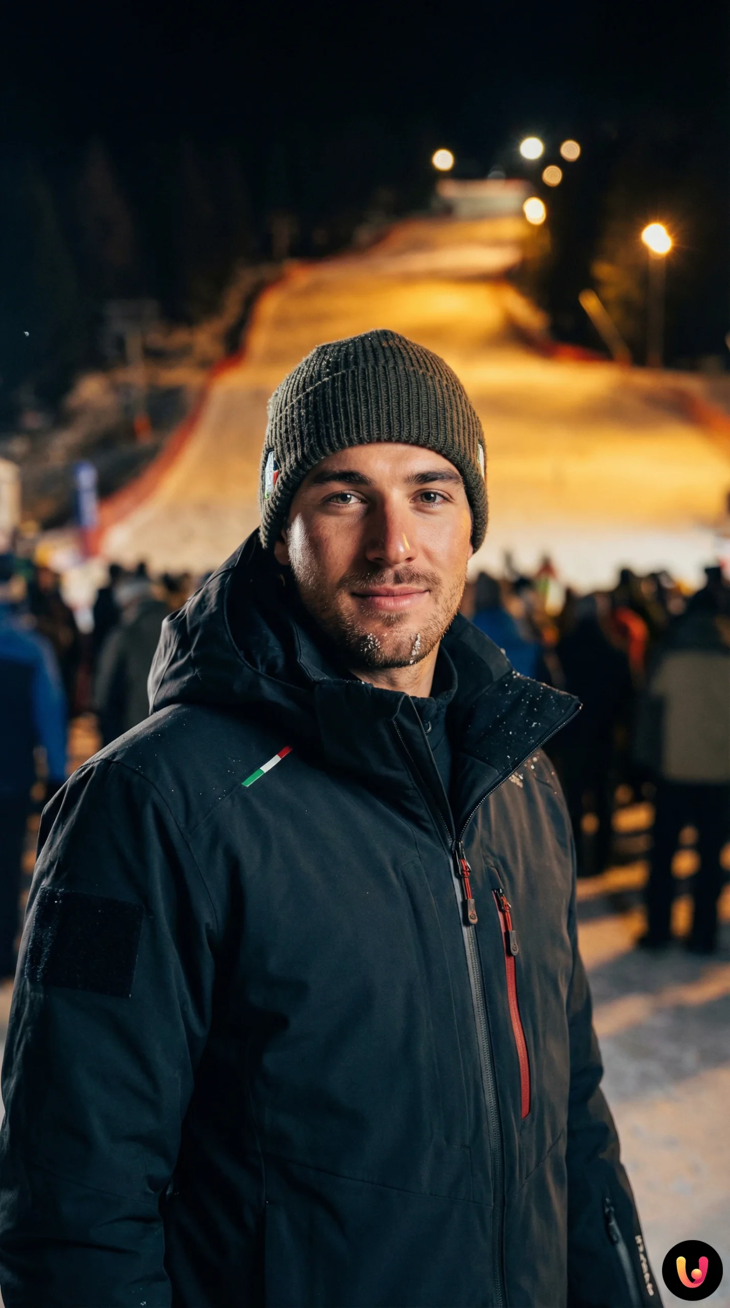 Sciatore italiano in azione durante lo slalom notturno 3Tre sul Canalone Miramonti