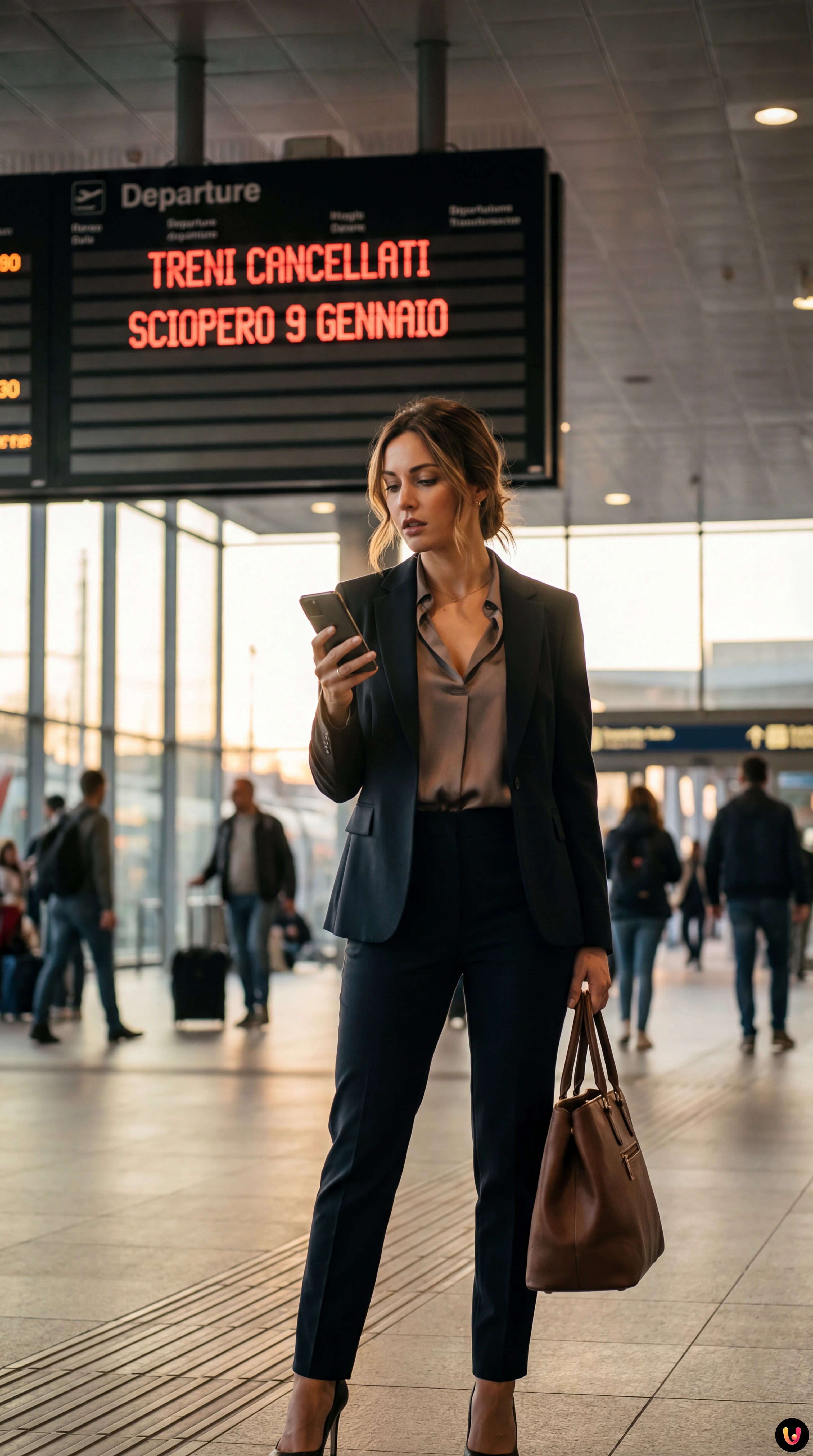 Tabellone elettronico in stazione con avvisi di ritardi e sciopero trasporti