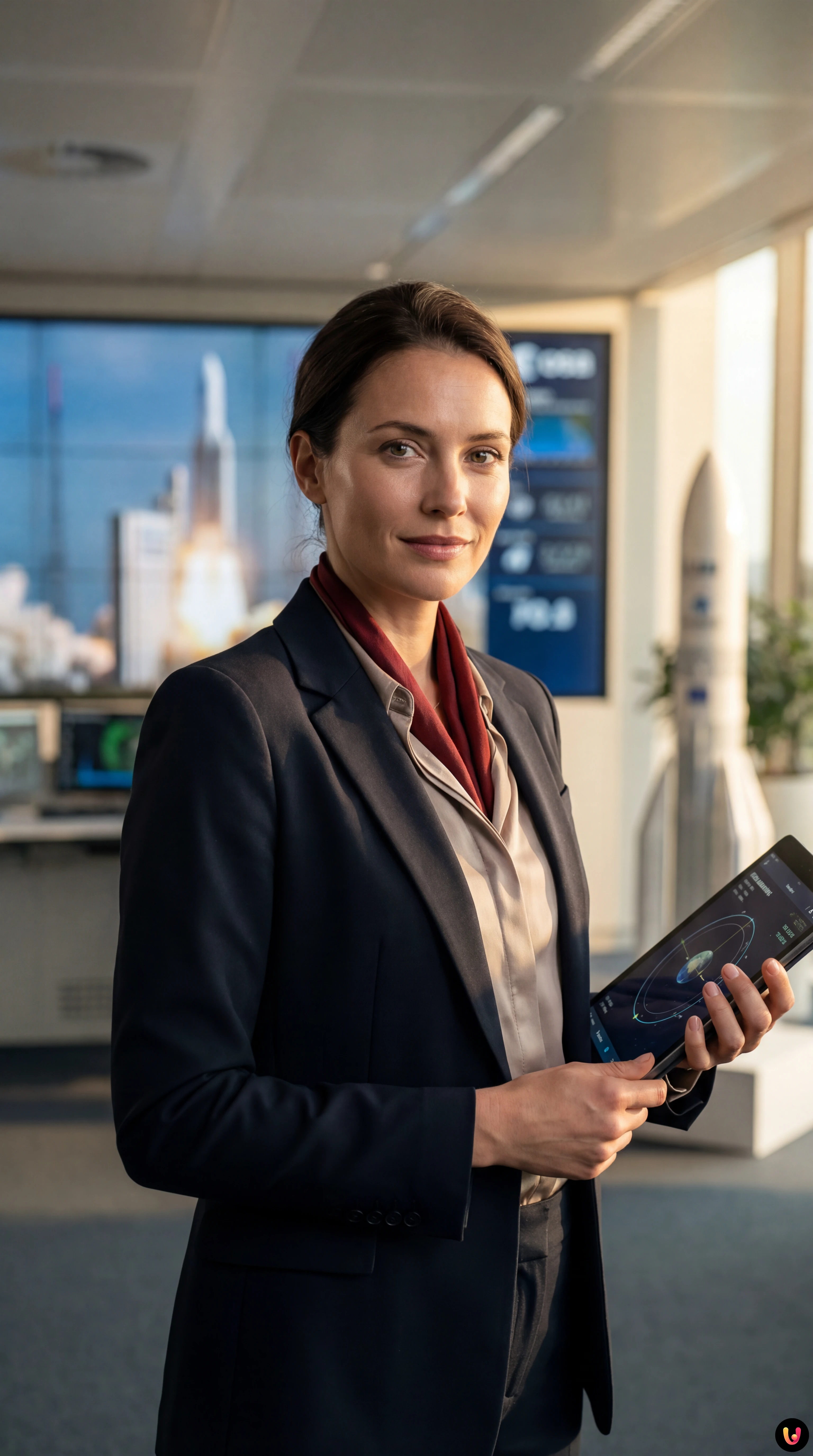 Lanciatore spaziale ESA in orbita a confronto con la bandiera americana e la Luna