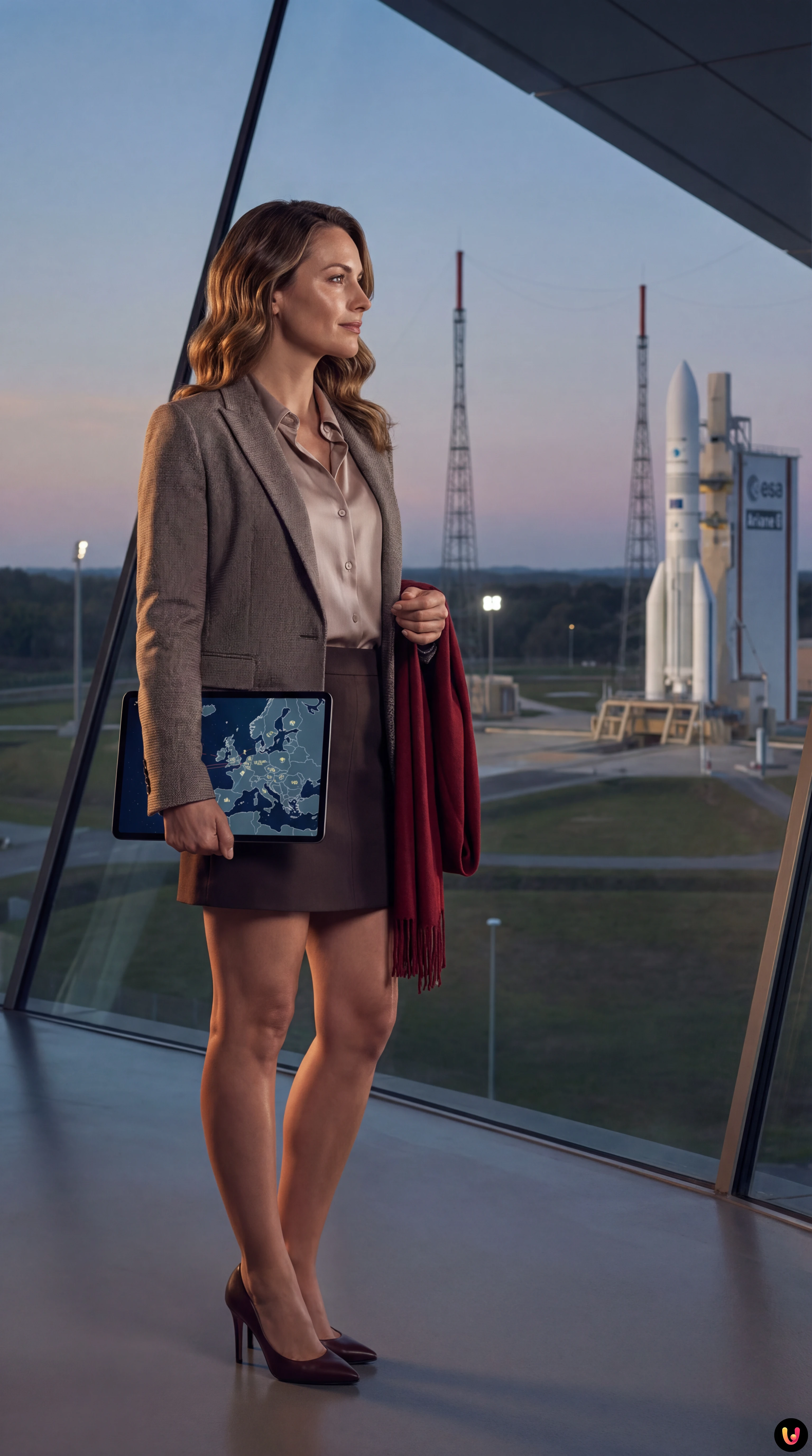 Razzo spaziale europeo in ascesa con bandiere USA ed Europa sullo sfondo