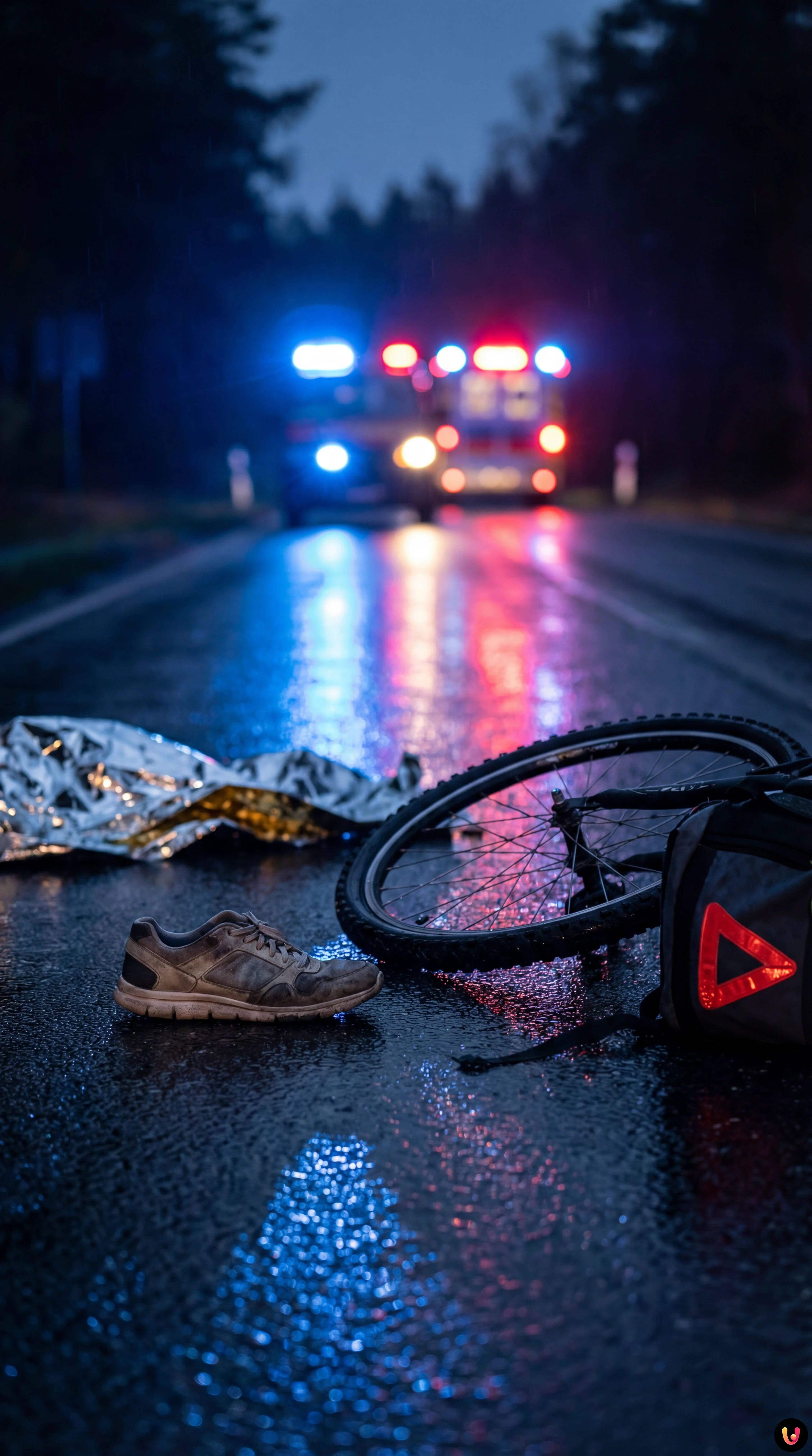 Ambulanza e auto della polizia con lampeggianti accesi di notte su strada provinciale