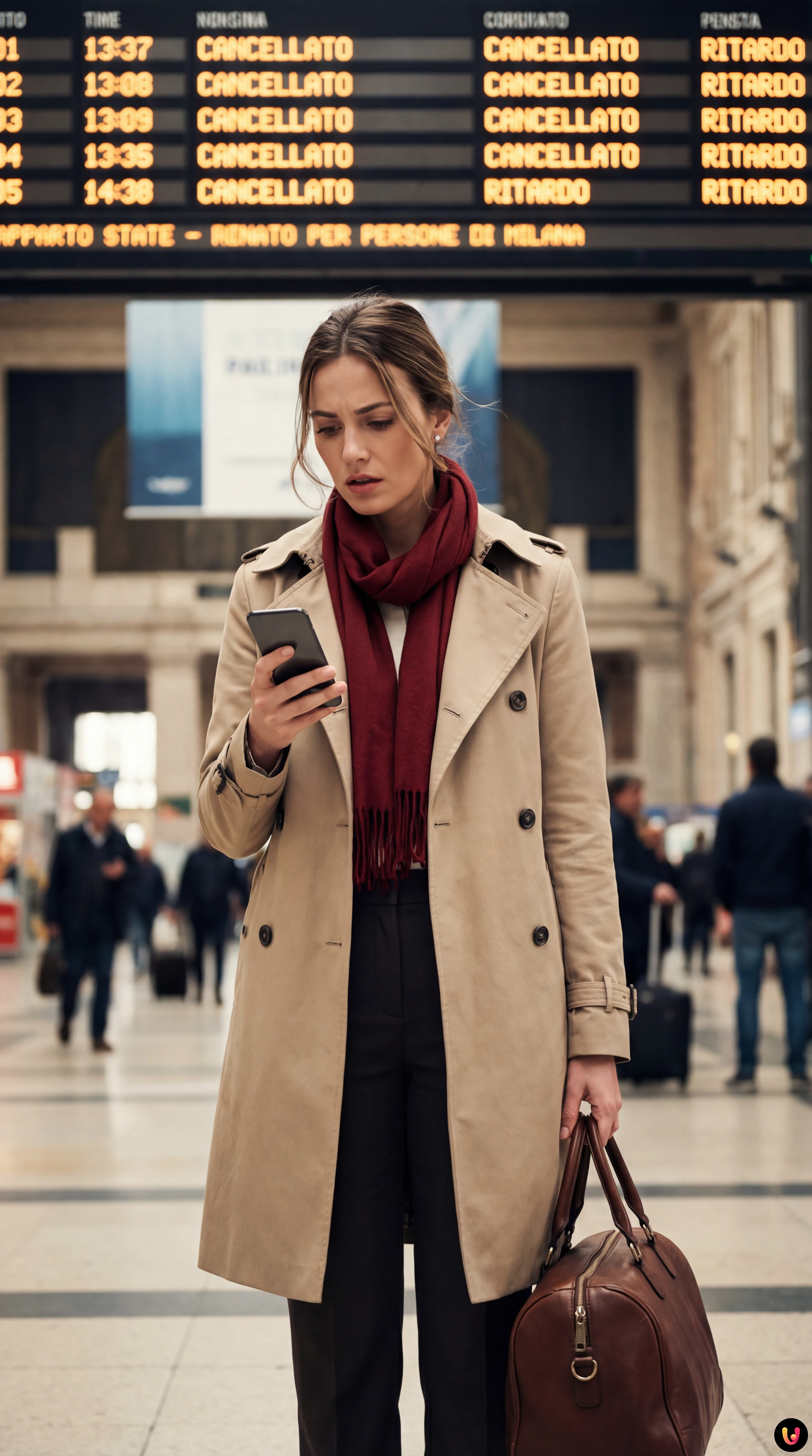 Tabellone partenze con voli cancellati e passeggeri in attesa a Milano