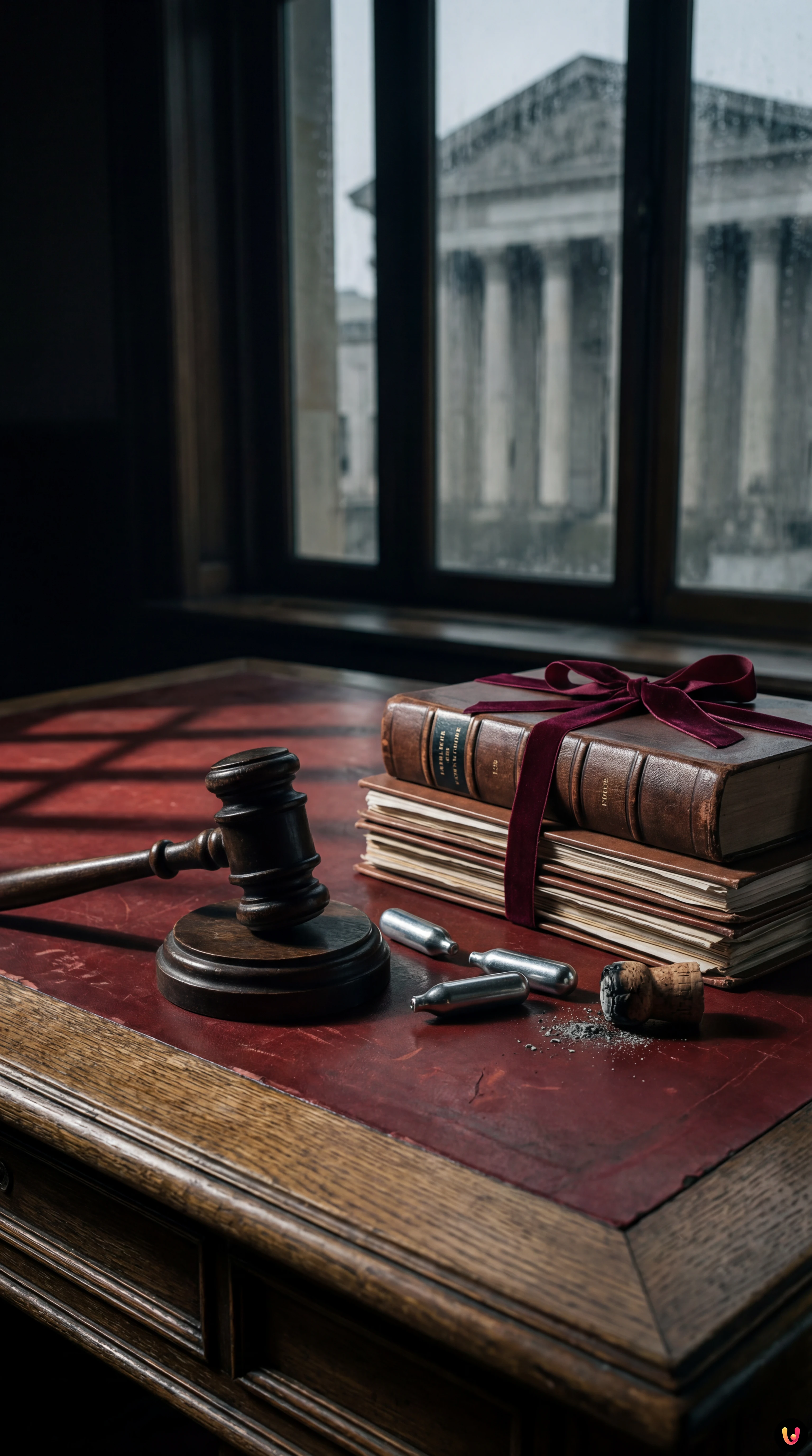 Martello del giudice su scrivania in legno scuro in un'aula di tribunale