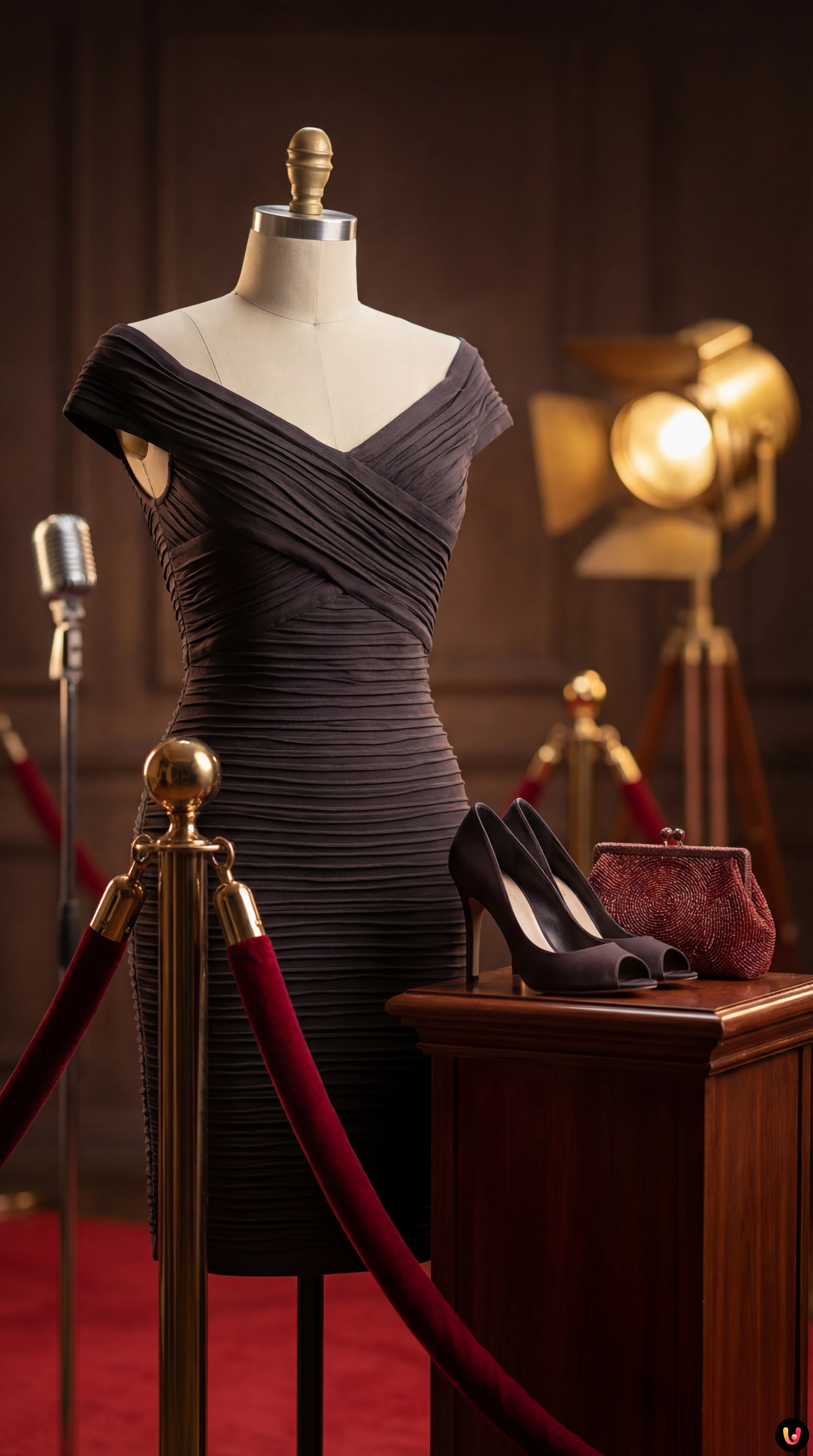 Nina Dobrev indossa un abito vintage Hervé Léger off-shoulder sul red carpet.