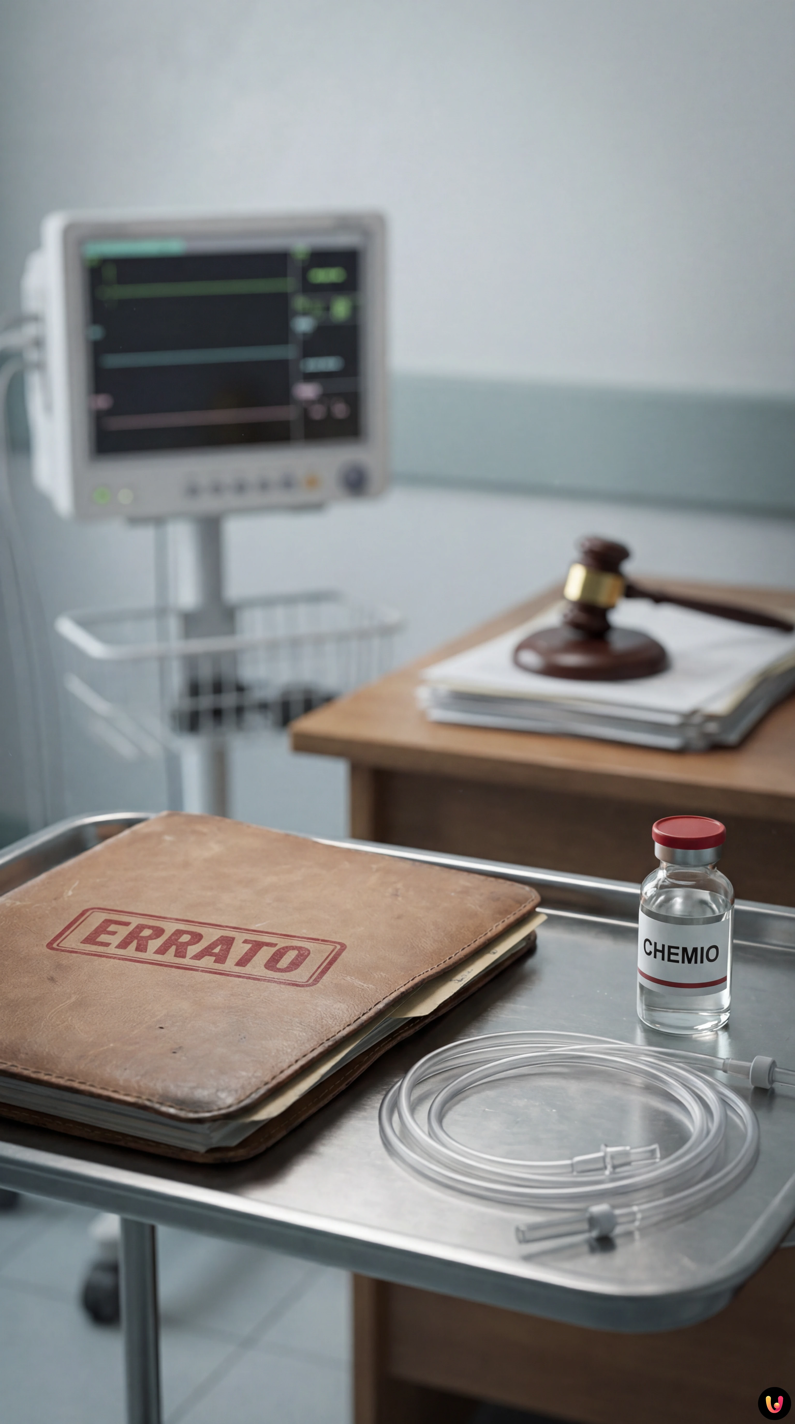 Medico osserva pensieroso una cartella clinica in un corridoio ospedaliero.