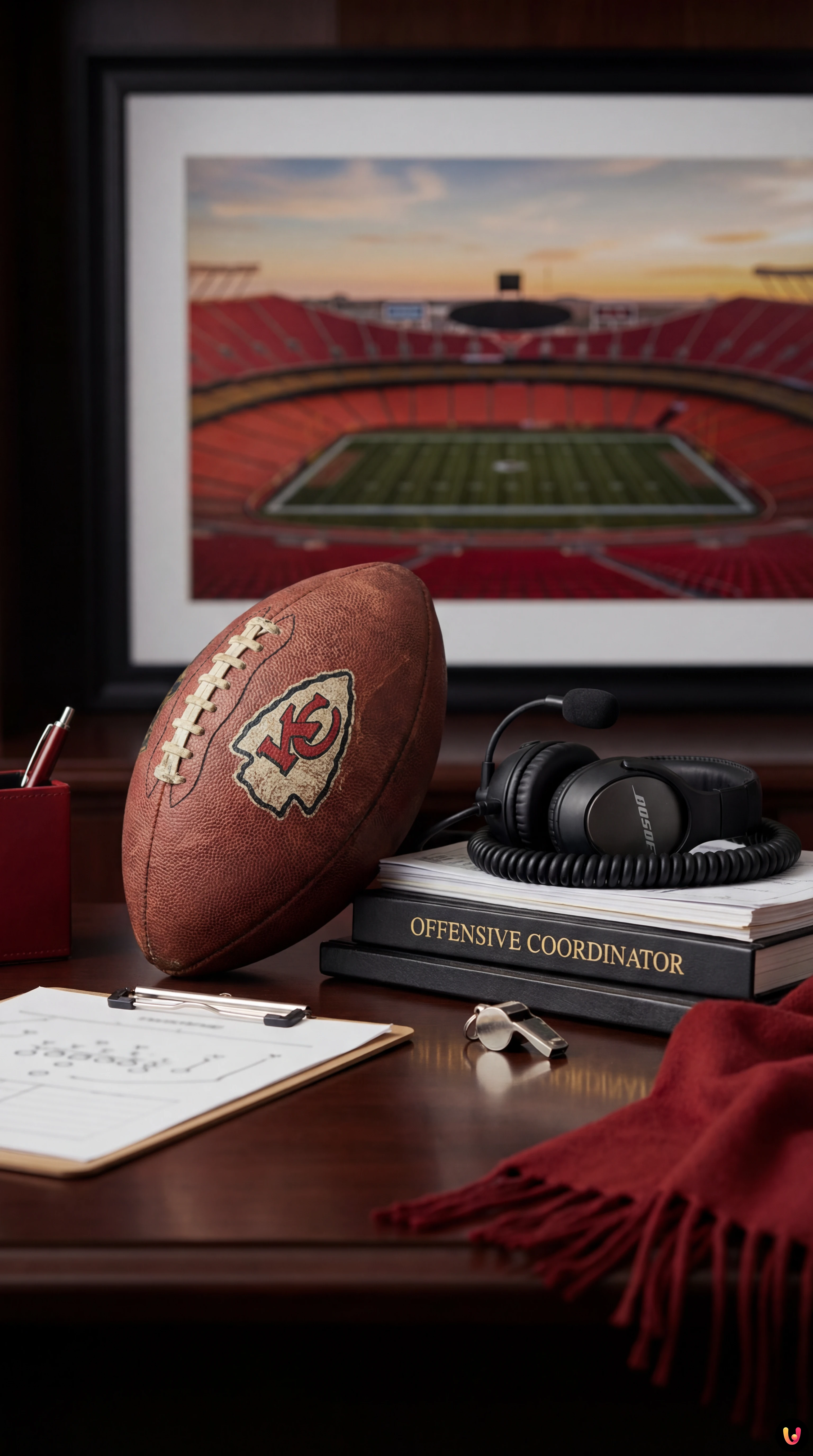 Eric Bieniemy wearing a headset and coaching on the football sideline.