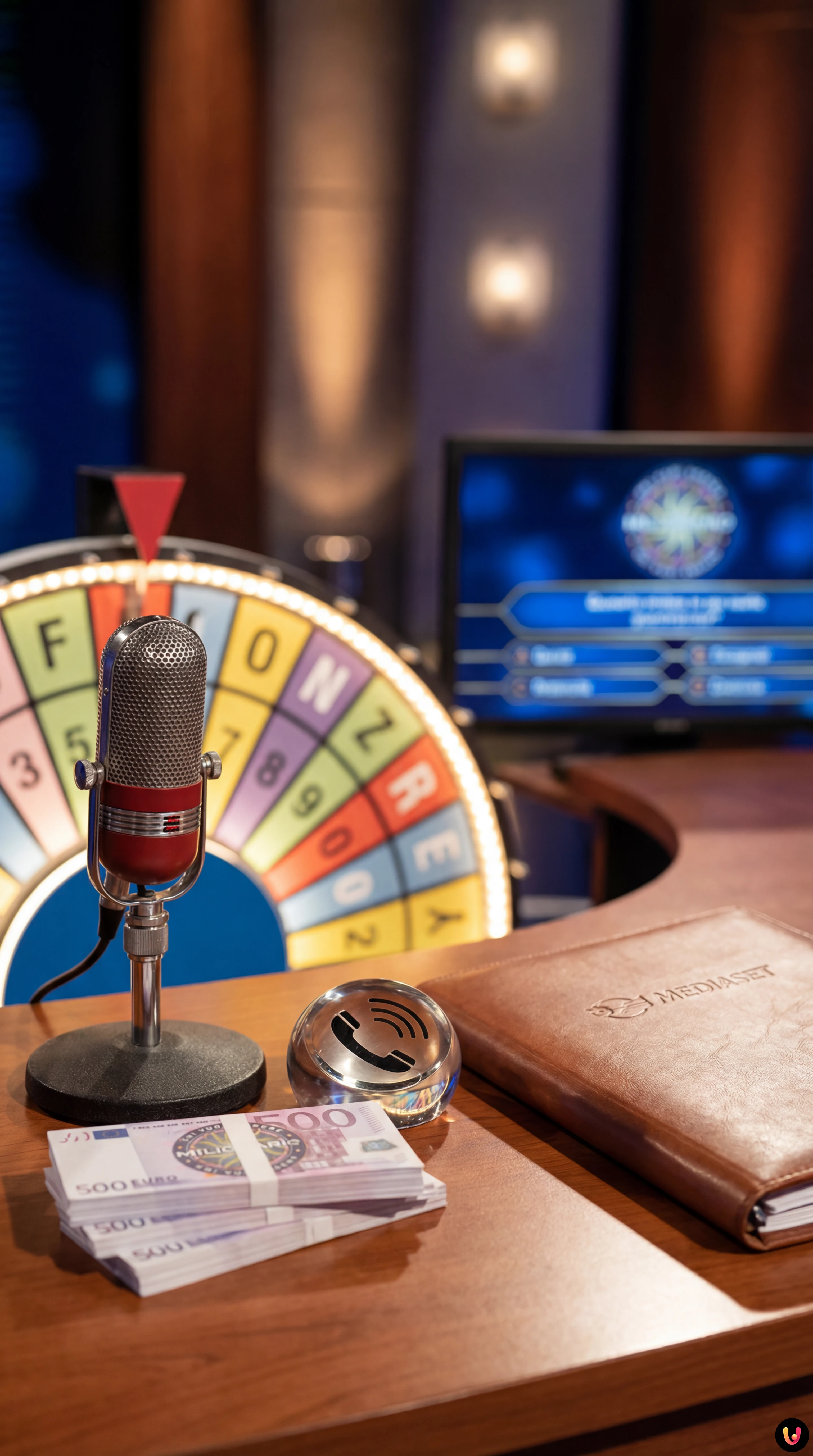 Gerry Scotti e Samira Lui sorridenti nello studio televisivo de La Ruota della Fortuna