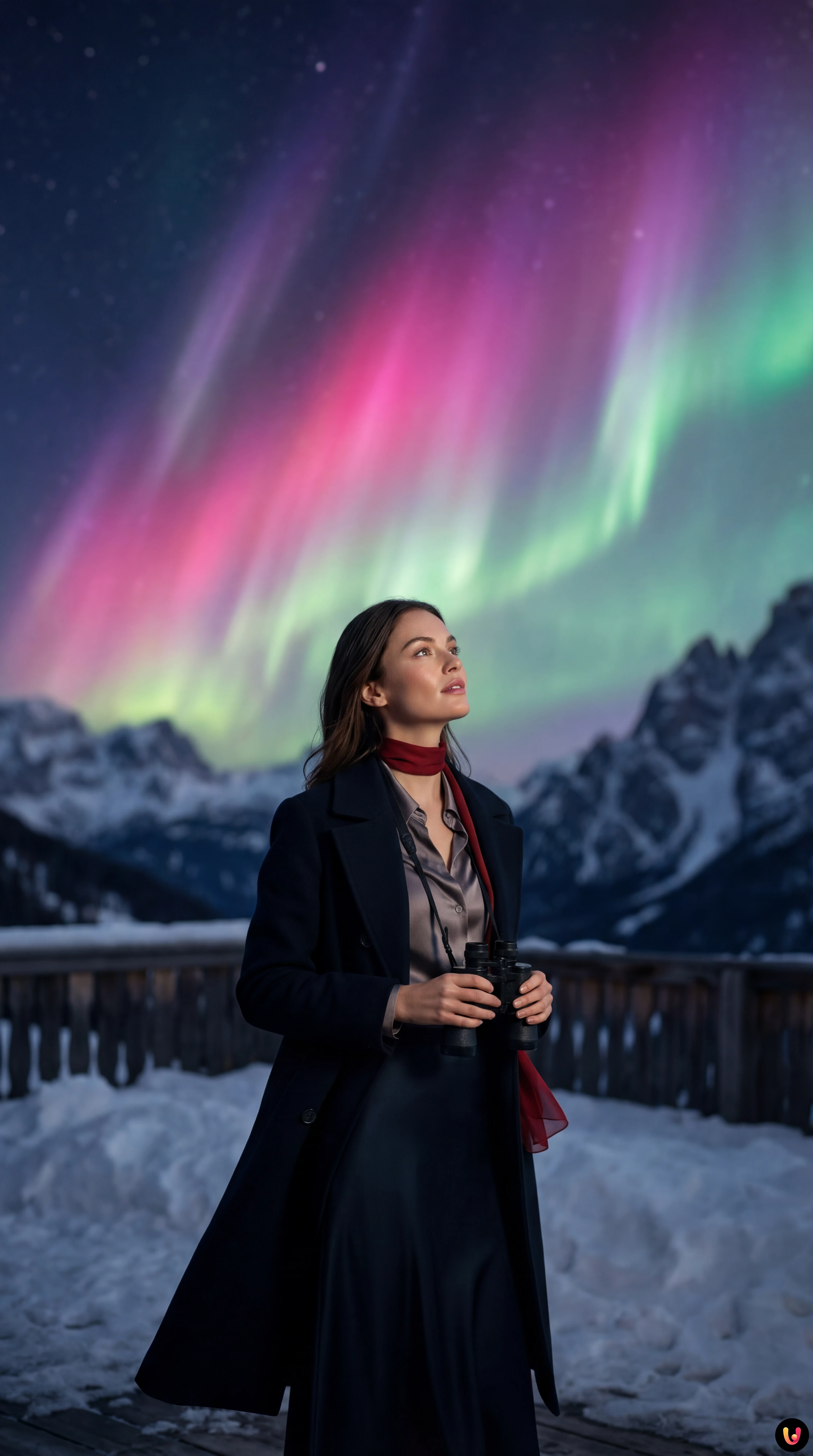 Aurora boreale rosa e viola sopra le montagne italiane innevate durante una tempesta solare