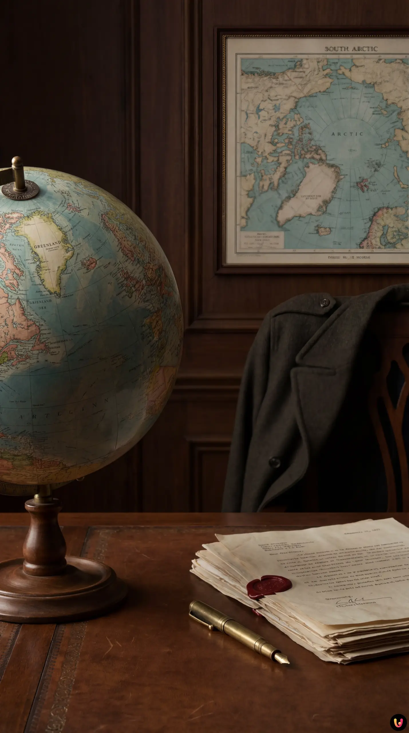 Donald Trump facing European leaders with a Greenland map background