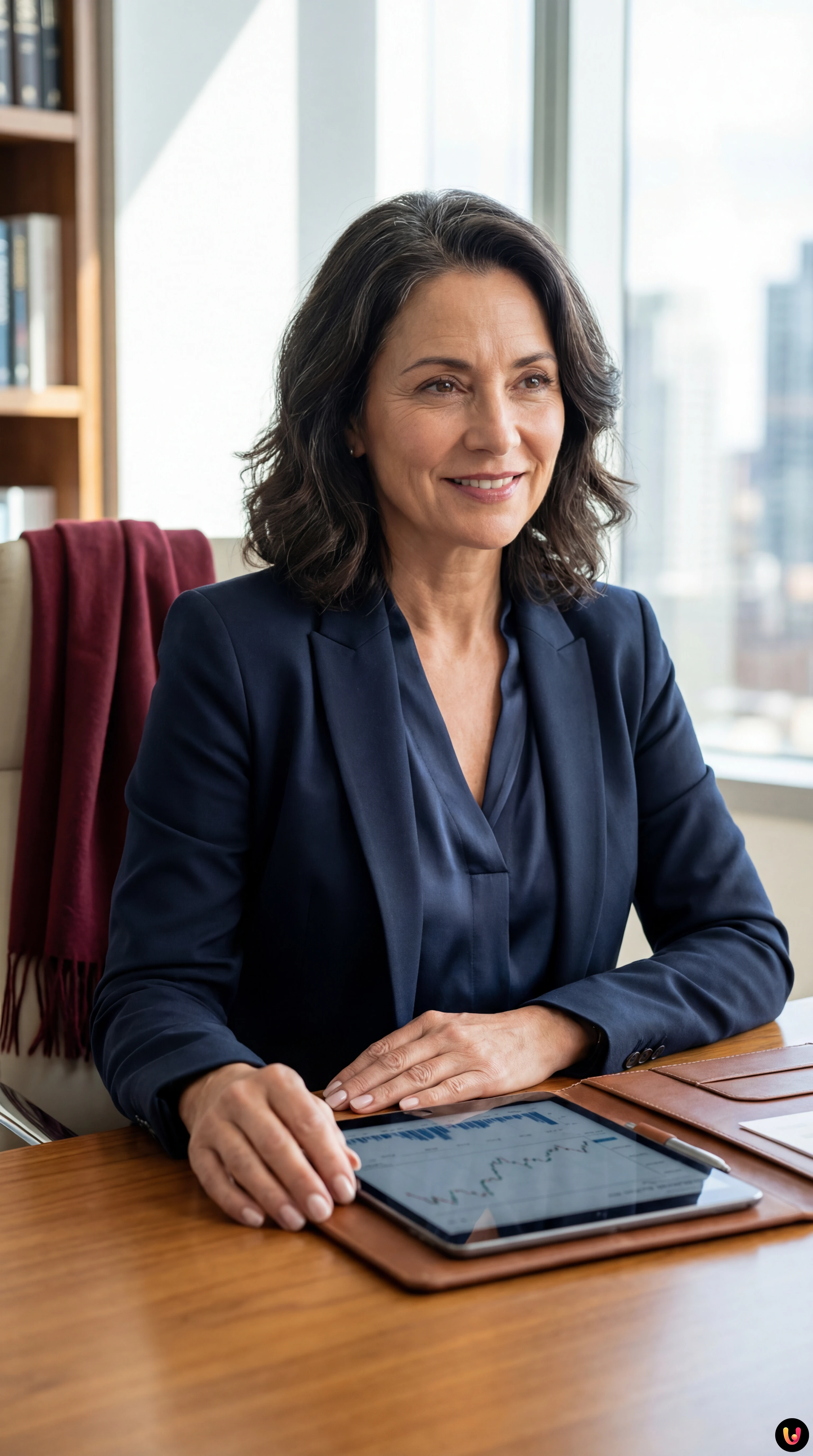 Uomo maturo sorridente osserva una busta paga con calcolatrice e monete sulla scrivania