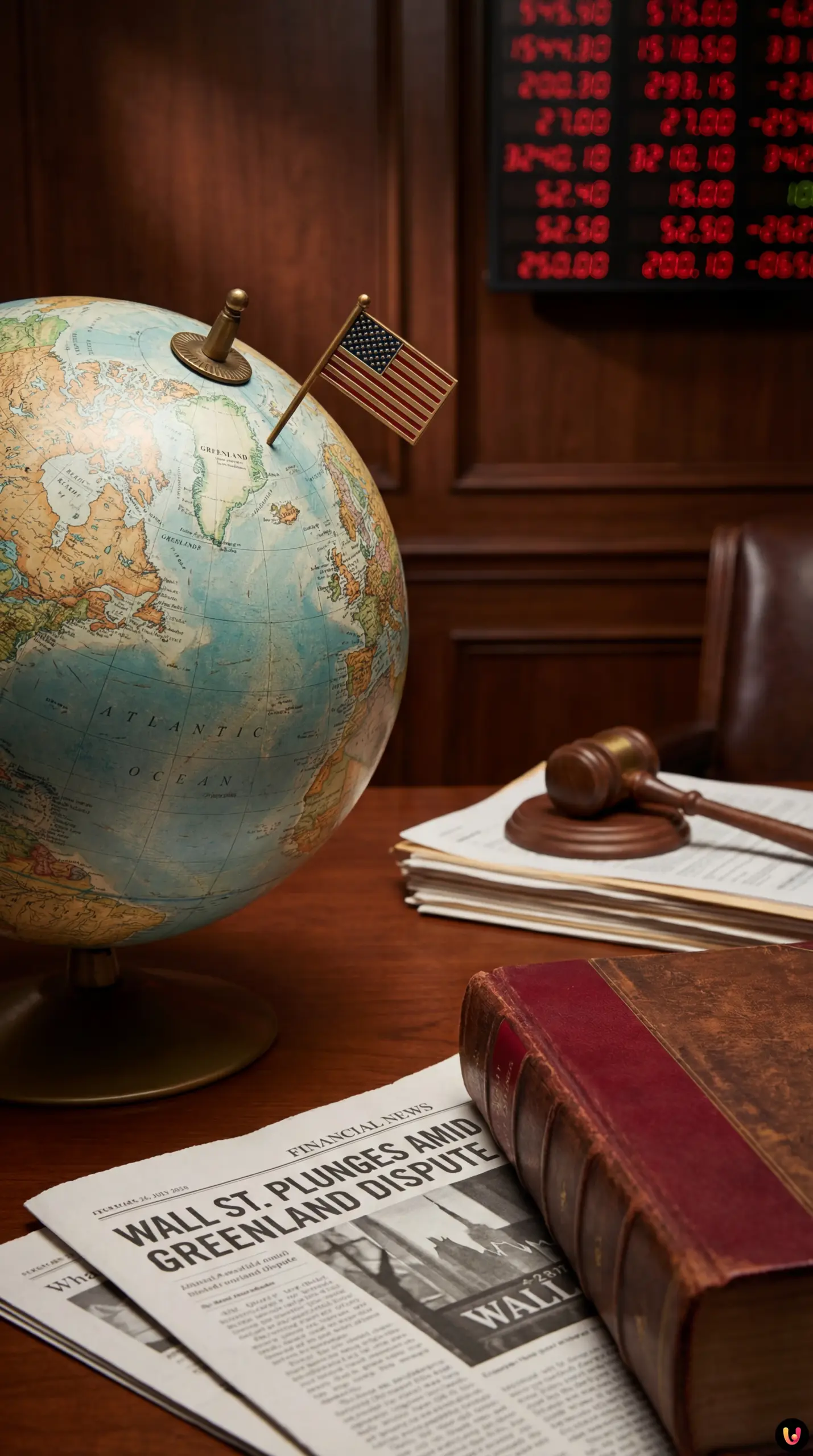 Donald Trump et graphiques boursiers en baisse &eacute;voquant le Groenland.