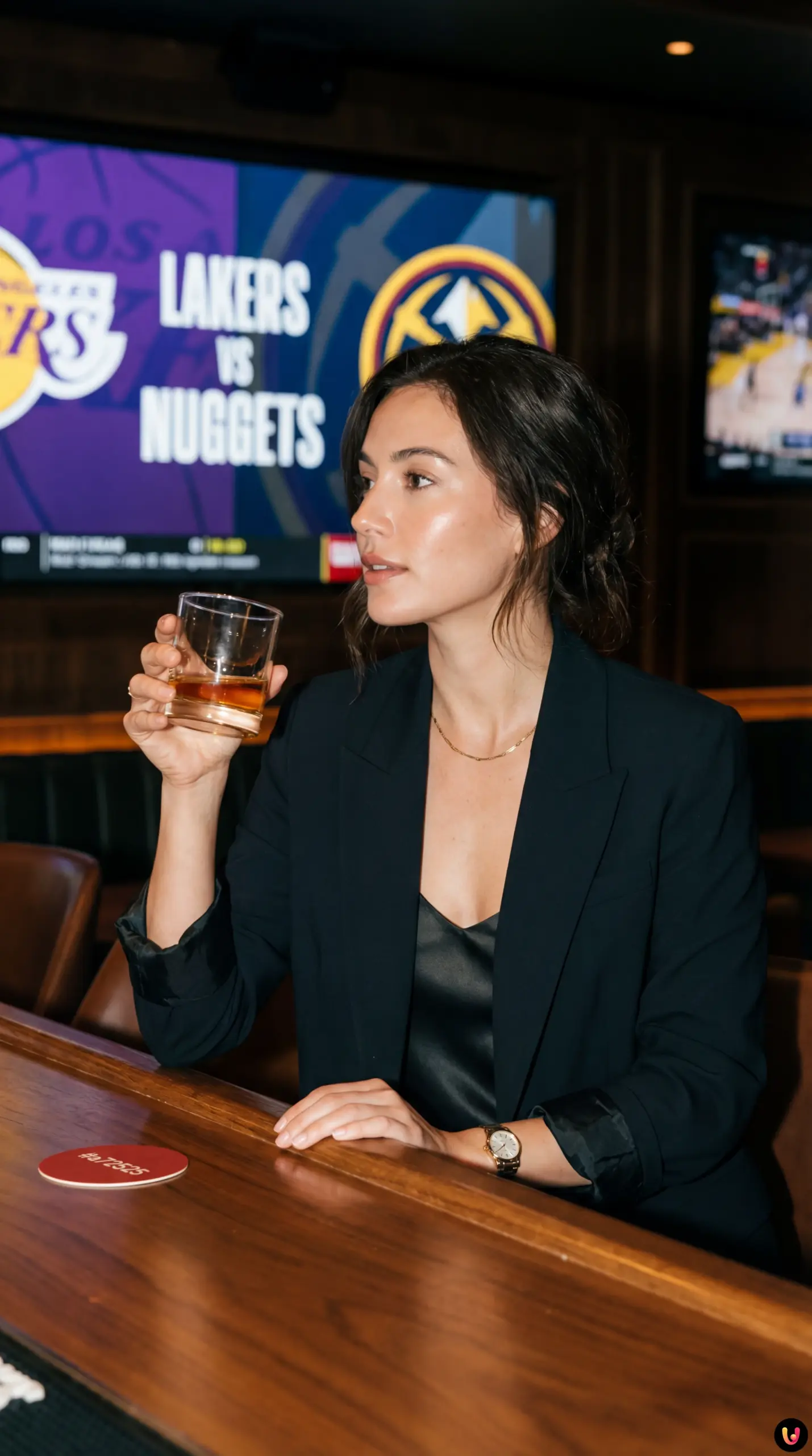 LeBron James and Luka Doncic in Lakers uniforms playing against the Denver Nuggets.