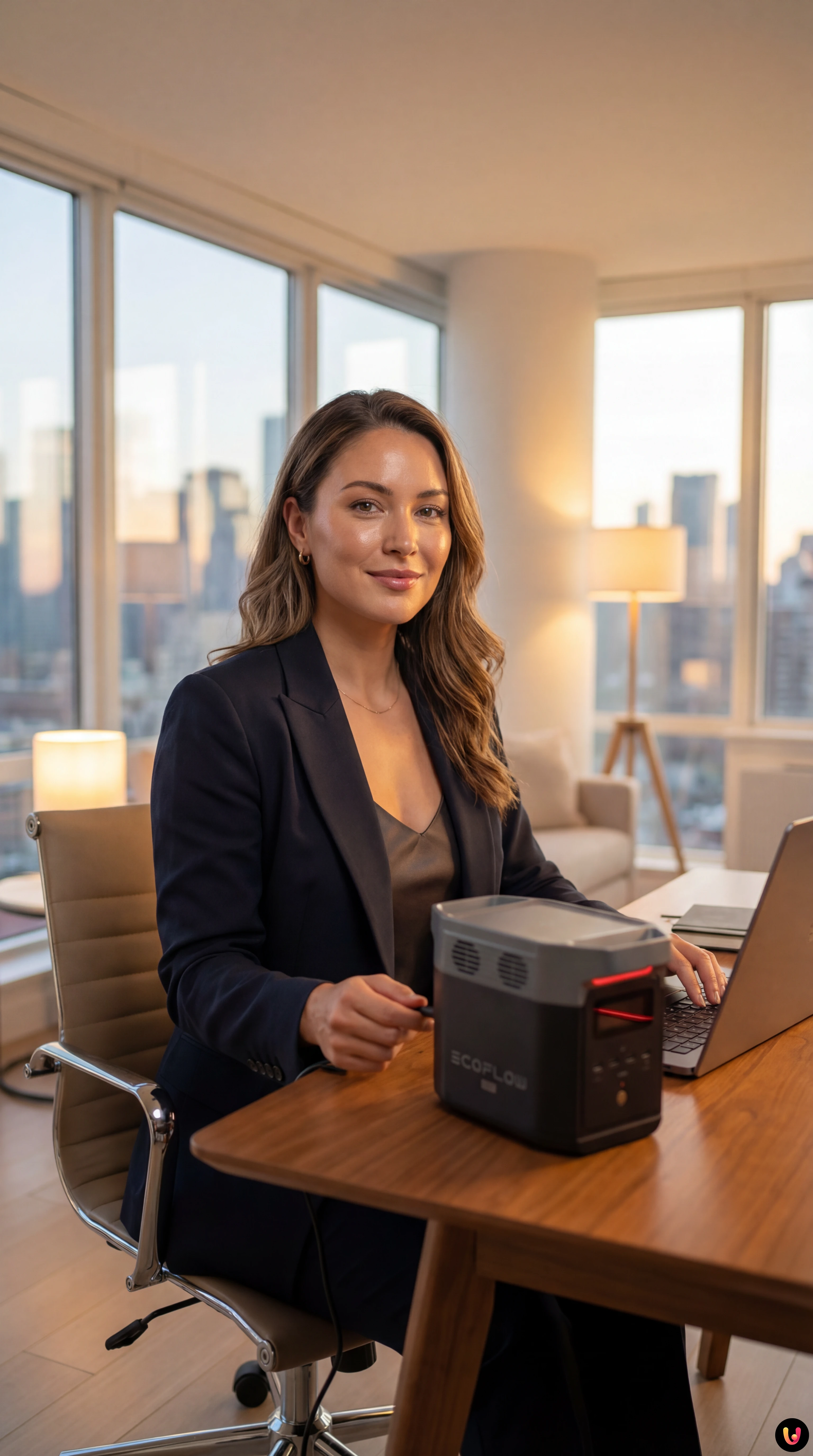 Power station portatile EcoFlow Delta 2 nera e grigia in un ambiente ufficio moderno