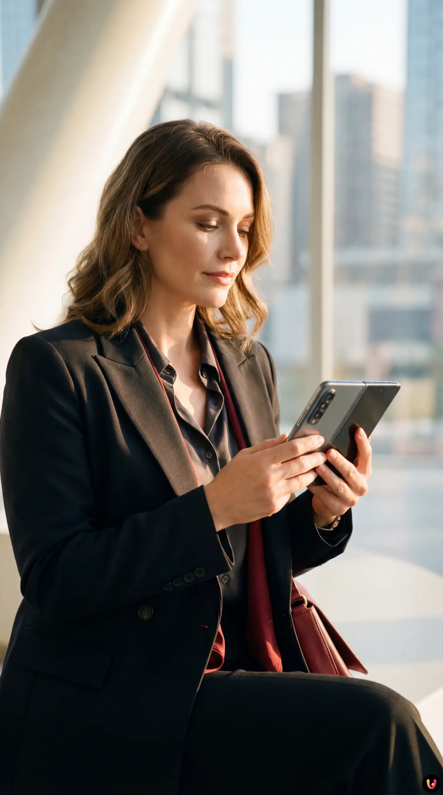 Concept r&eacute;aliste du futur iPhone pliable Apple ouvert sur une surface moderne