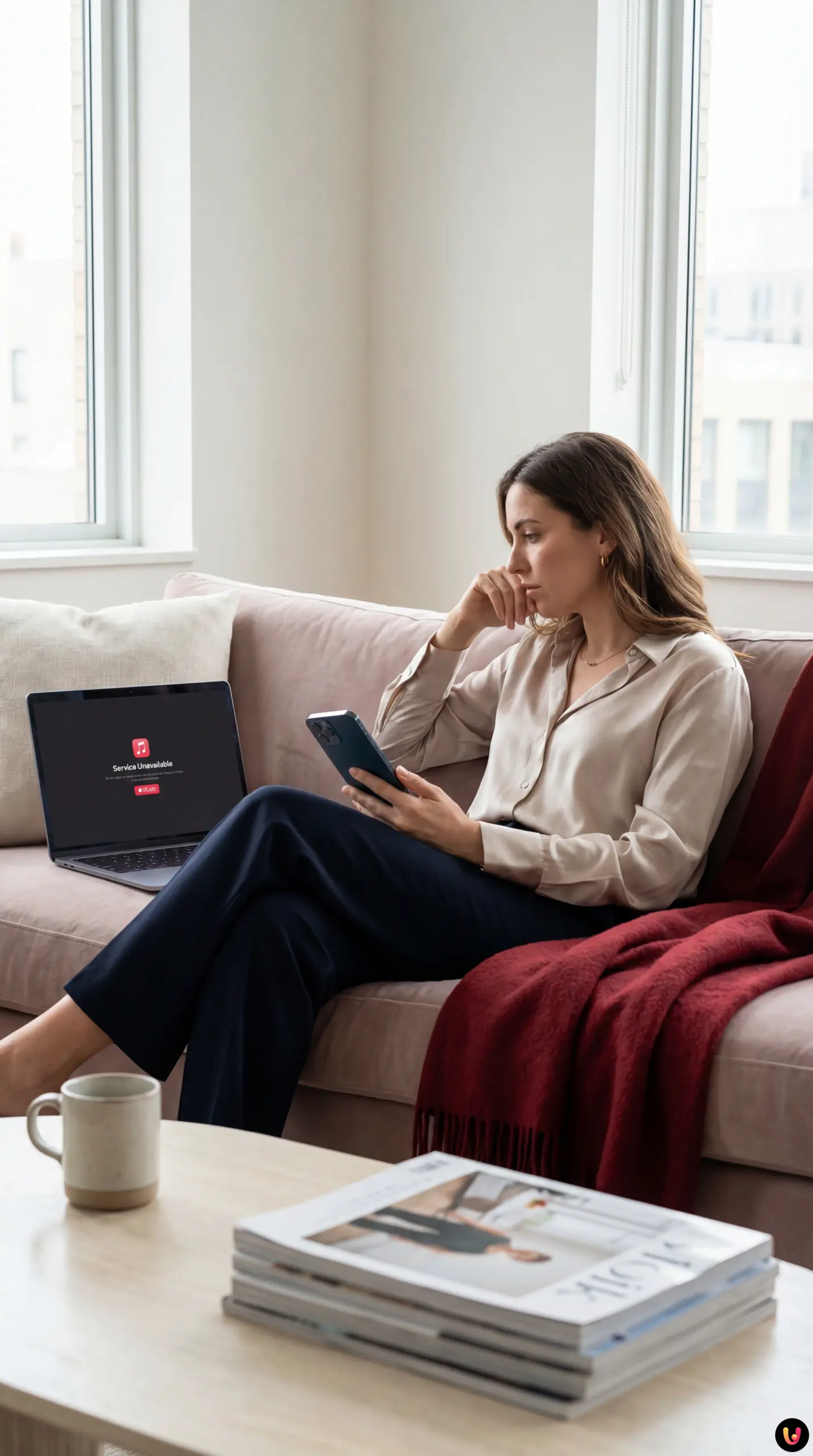 Logo Apple Music sur un &eacute;cran de smartphone affichant un message d'erreur de connexion