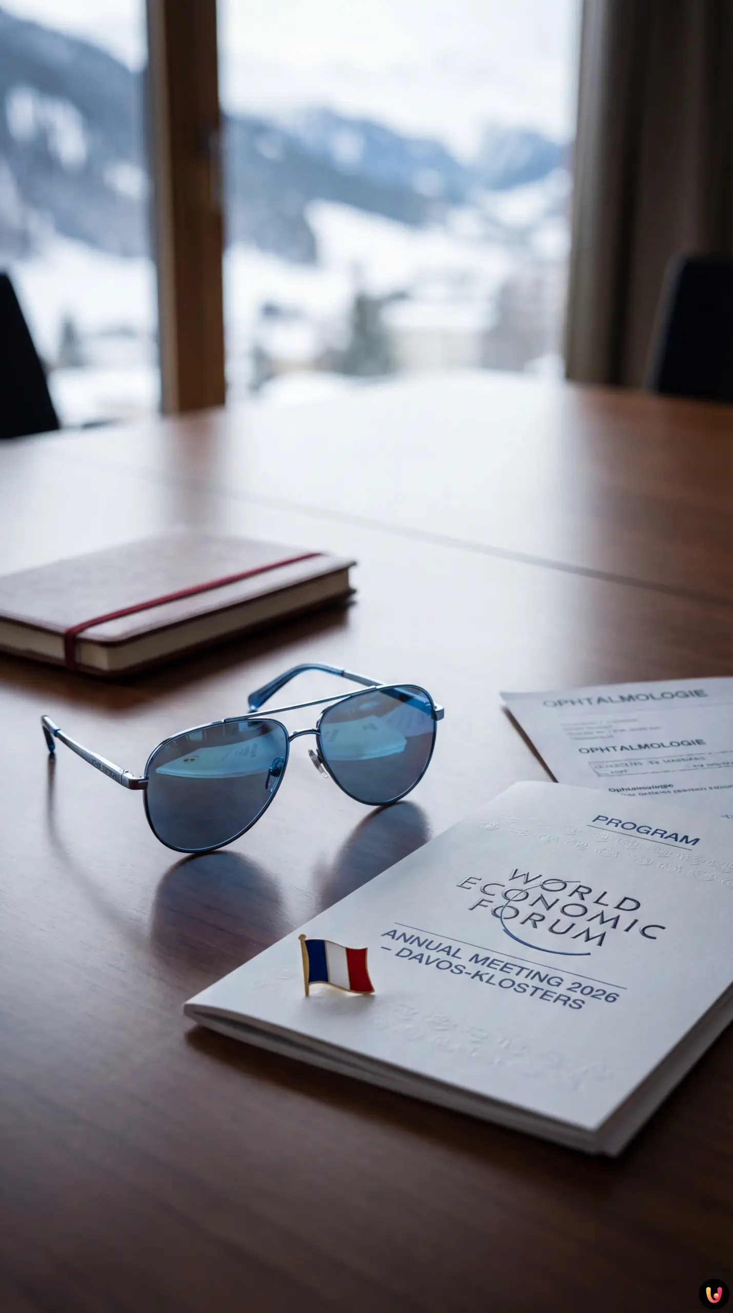 French President Macron wearing aviator sunglasses indoors at Davos WEF 2026
