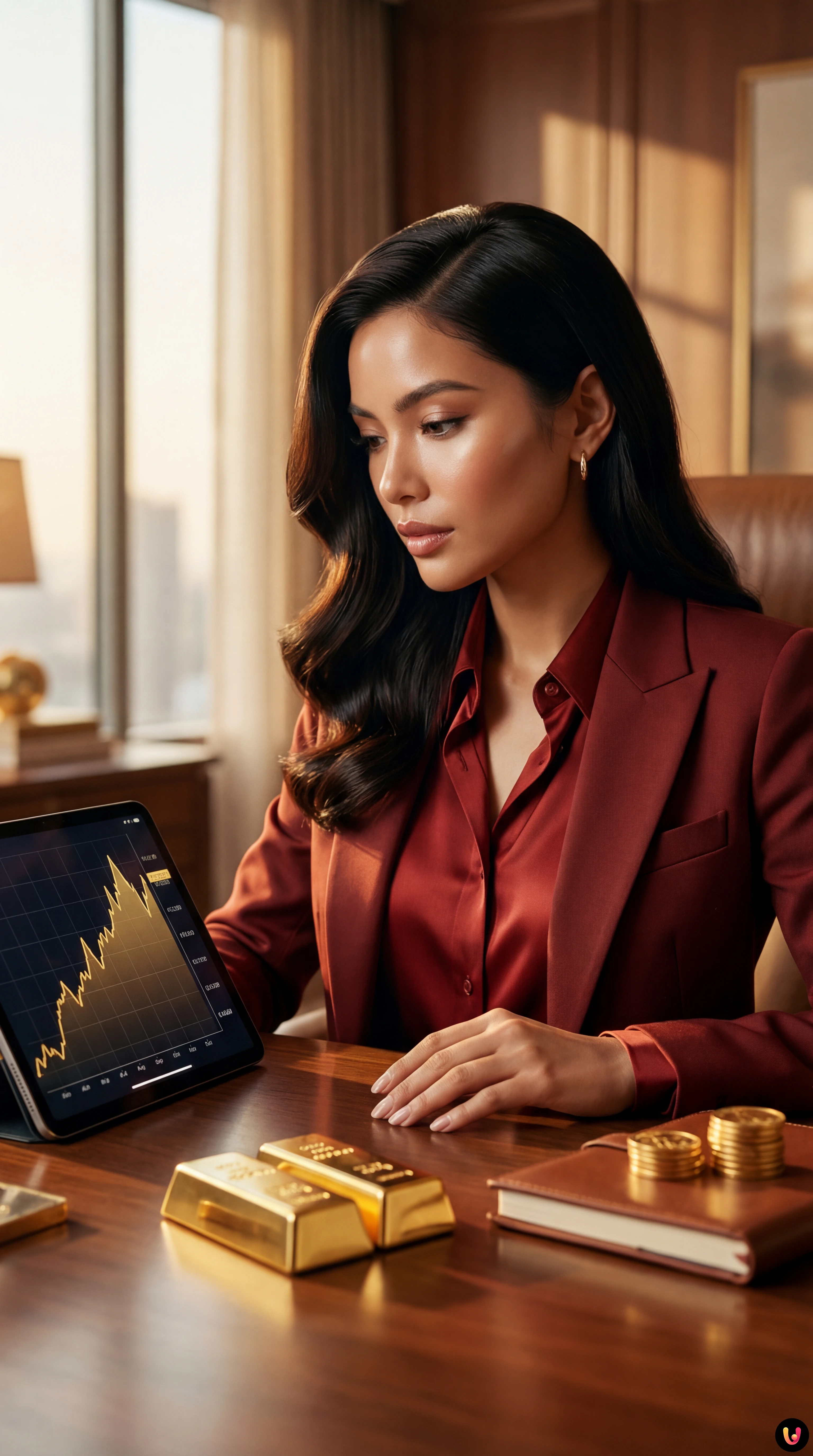 Grafico finanziario in forte rialzo con lingotti d'oro in primo piano