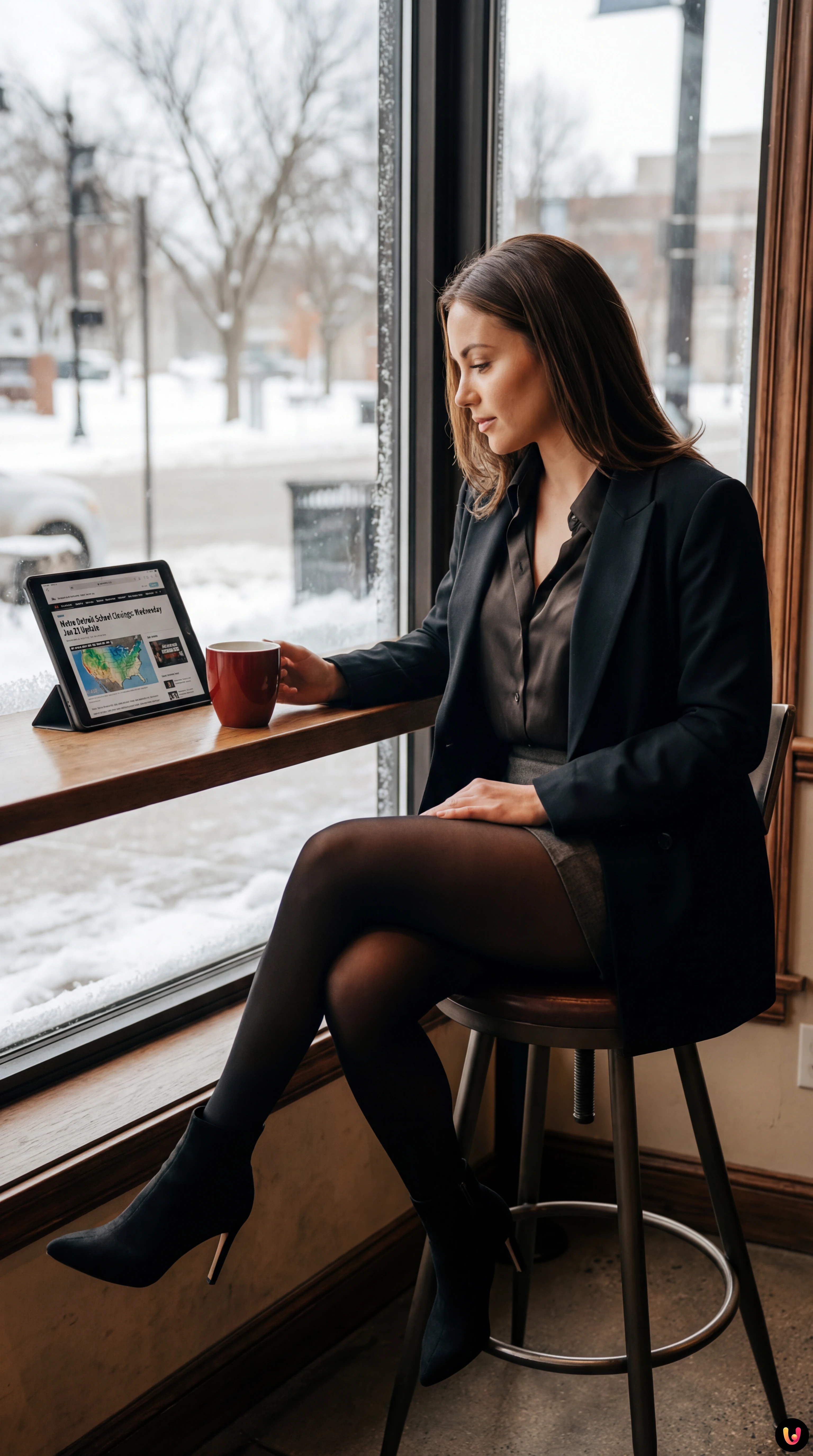 Yellow school bus driving on snowy Detroit road during winter morning.