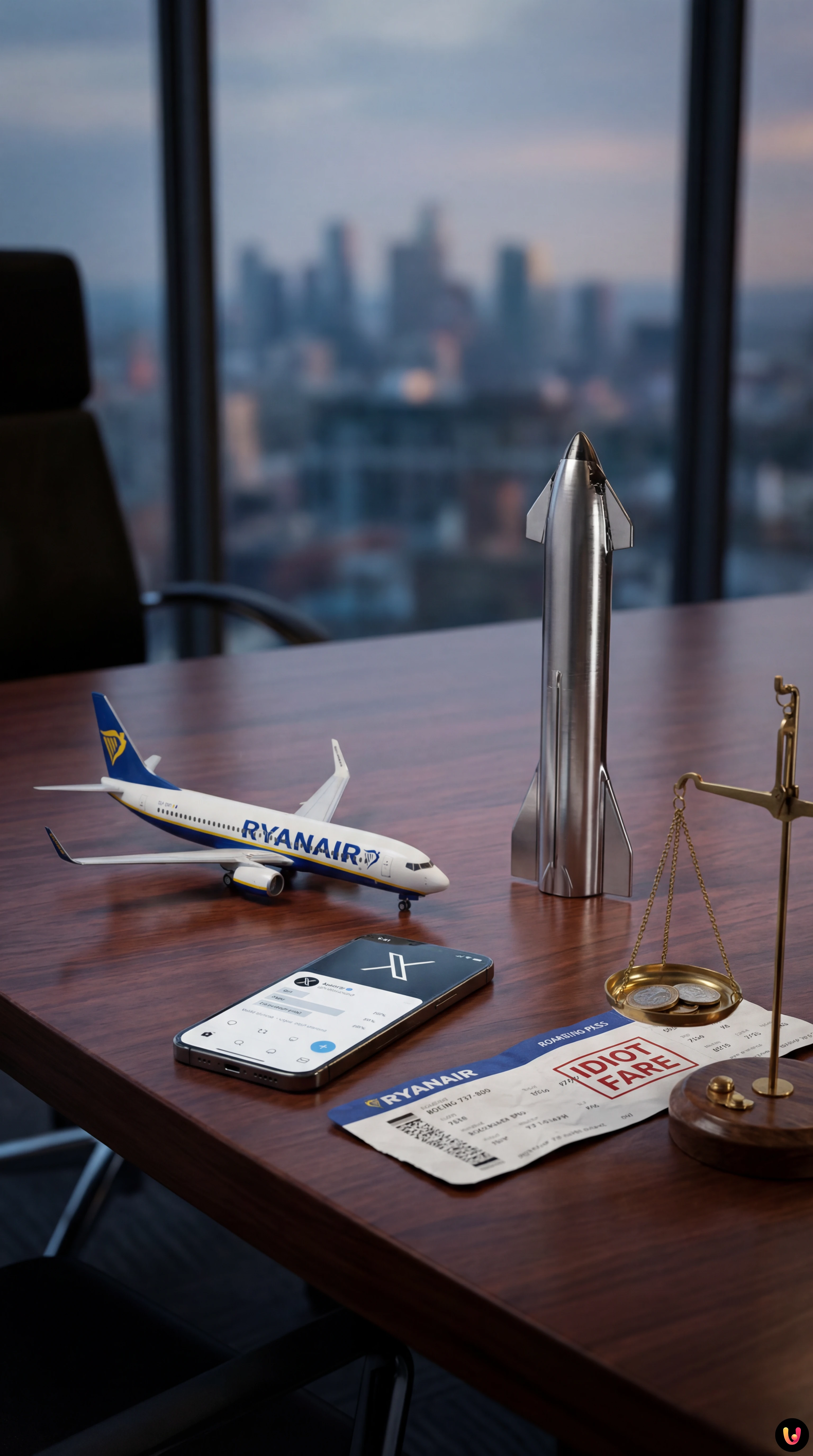 Elon Musk e Michael O'Leary a confronto con aerei Ryanair e logo X sullo sfondo