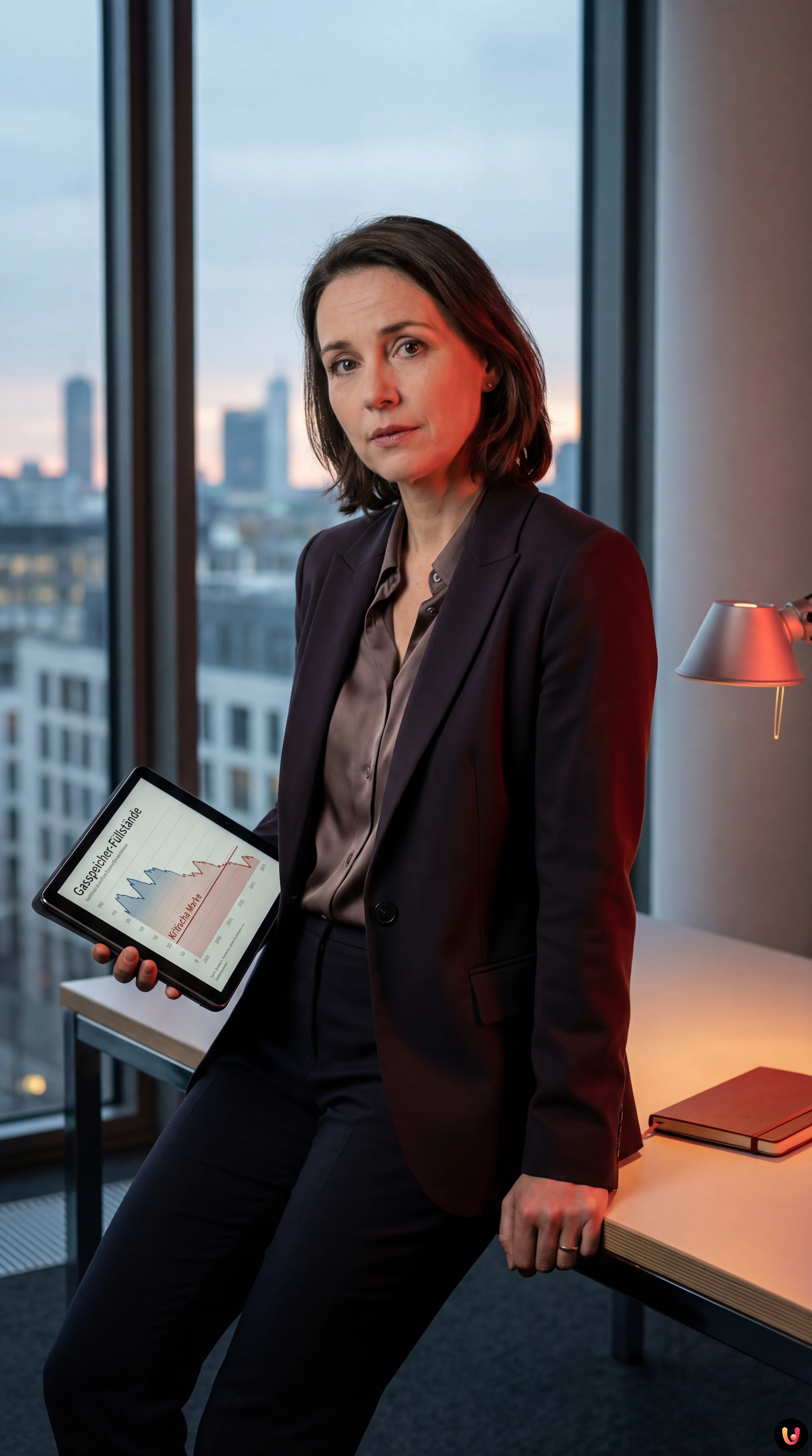 Verschneite Gasanlage mit Rohrleitungen und roter Füllstandsanzeige.